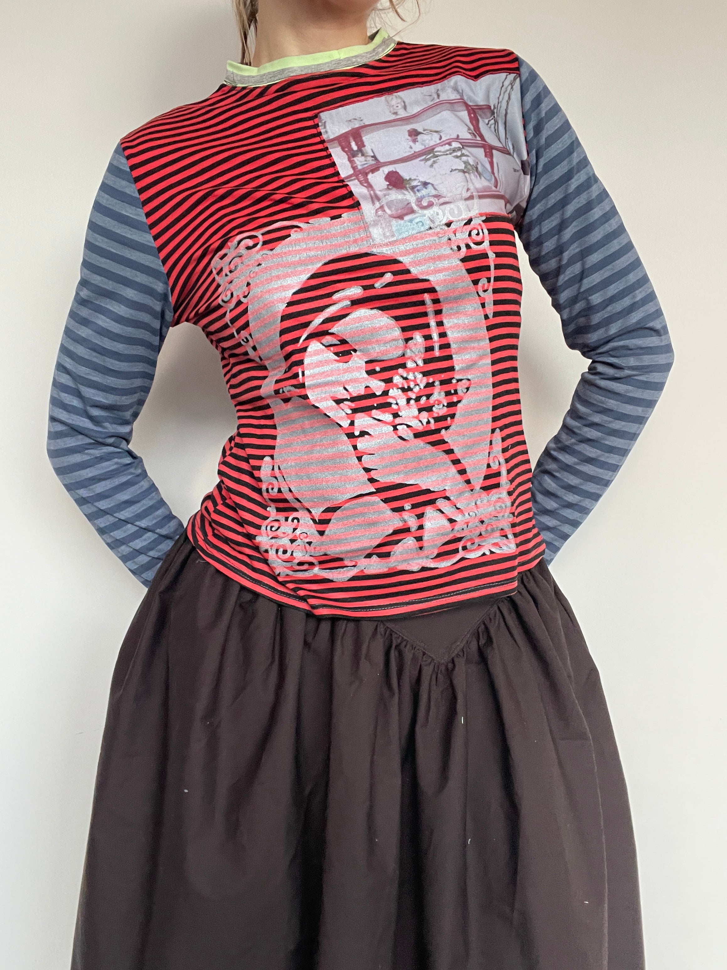 handmade contrast stripe long sleeve top with screen print