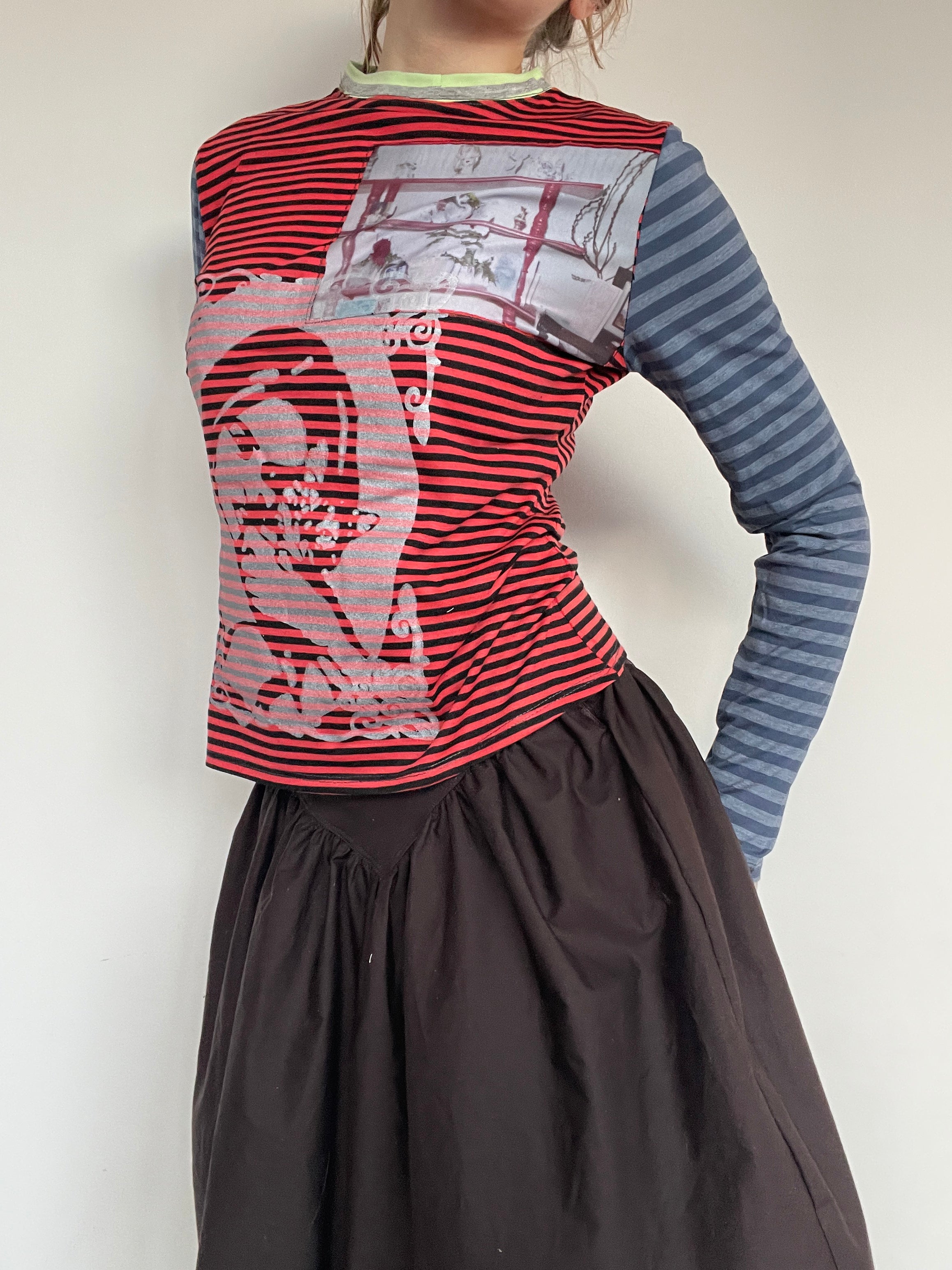 handmade contrast stripe long sleeve top with screen print