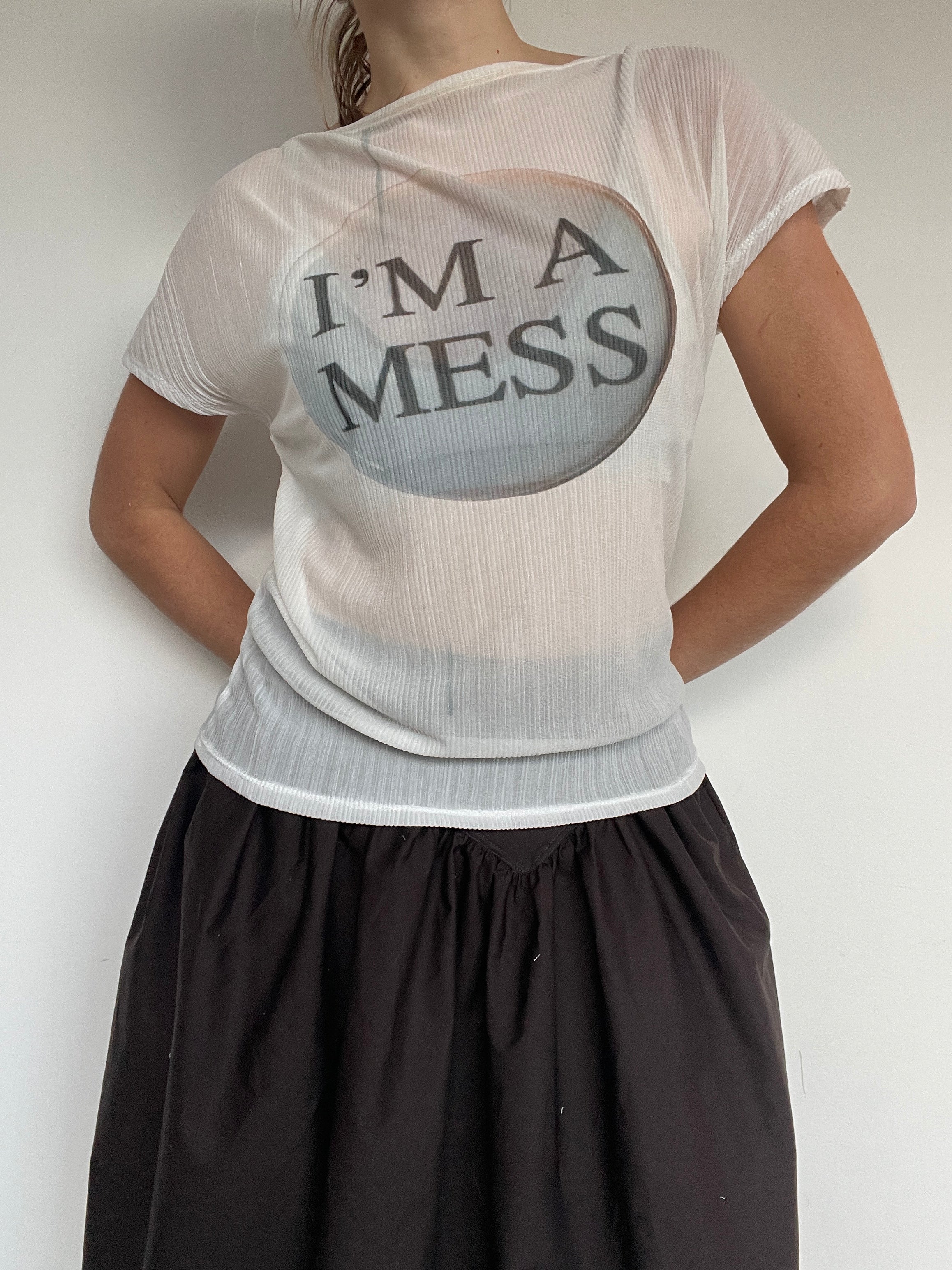 handmade sheer mesh graphic witty short sleeve top