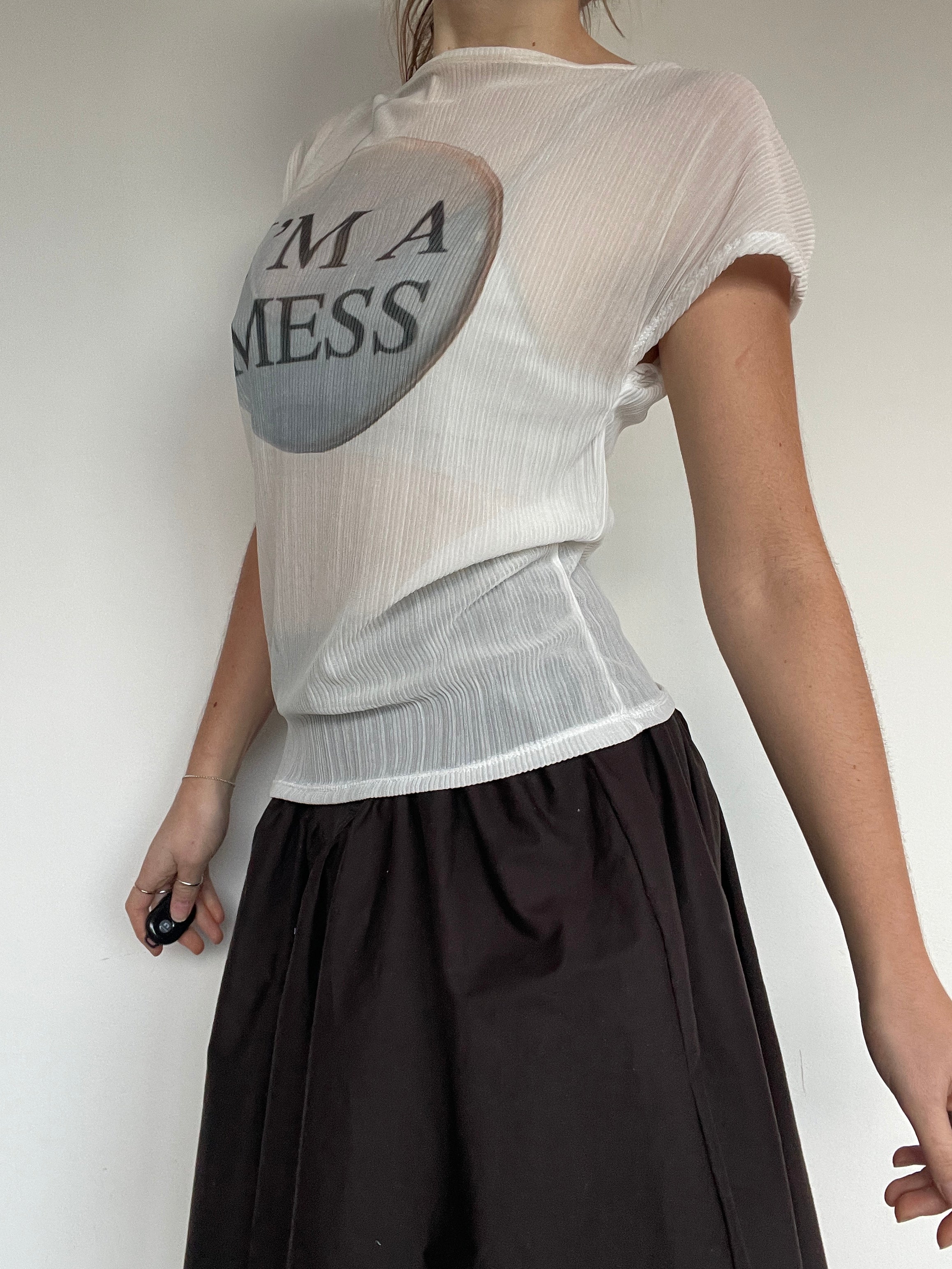 handmade sheer mesh graphic witty short sleeve top