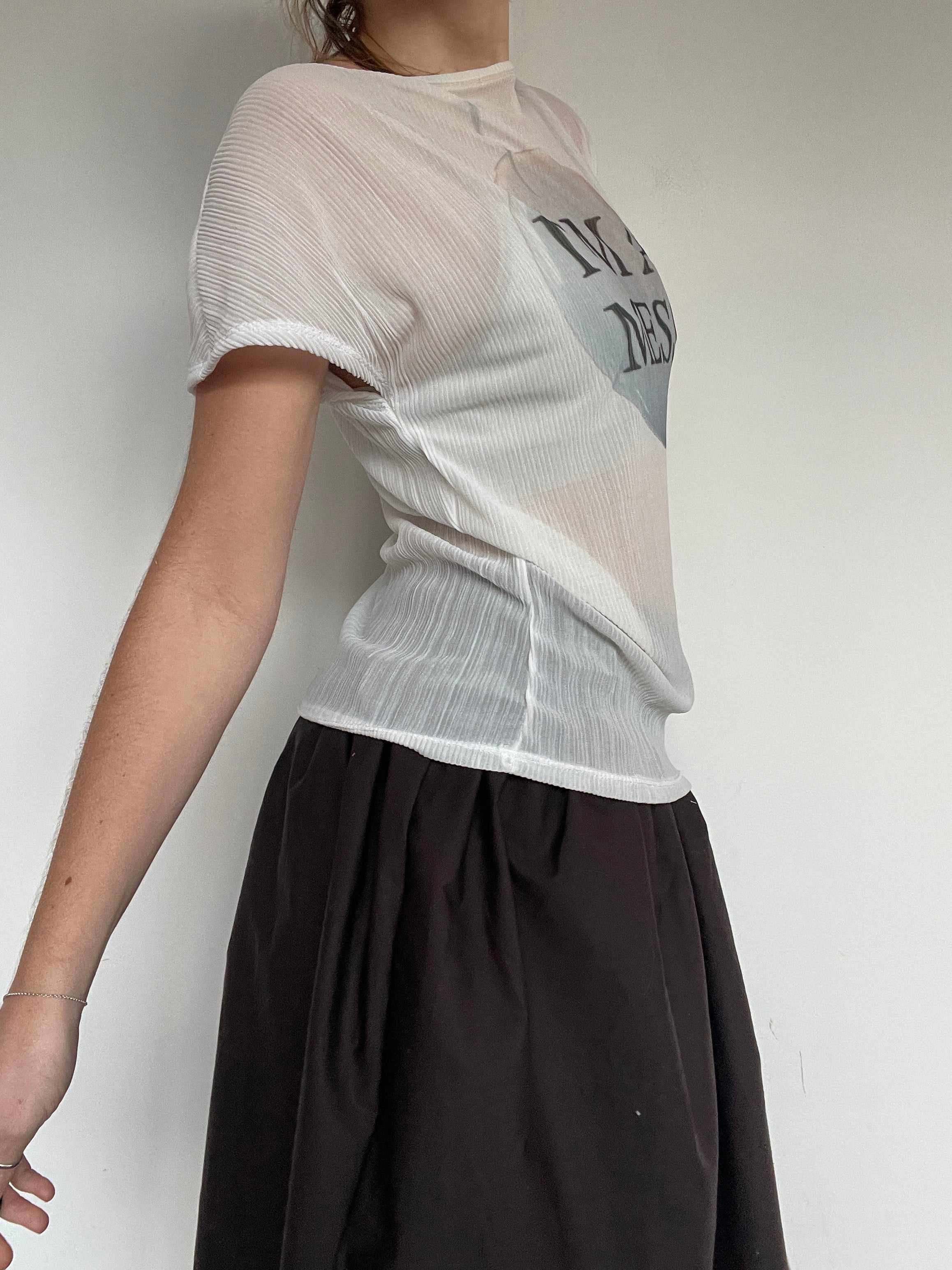 handmade sheer mesh graphic witty short sleeve top
