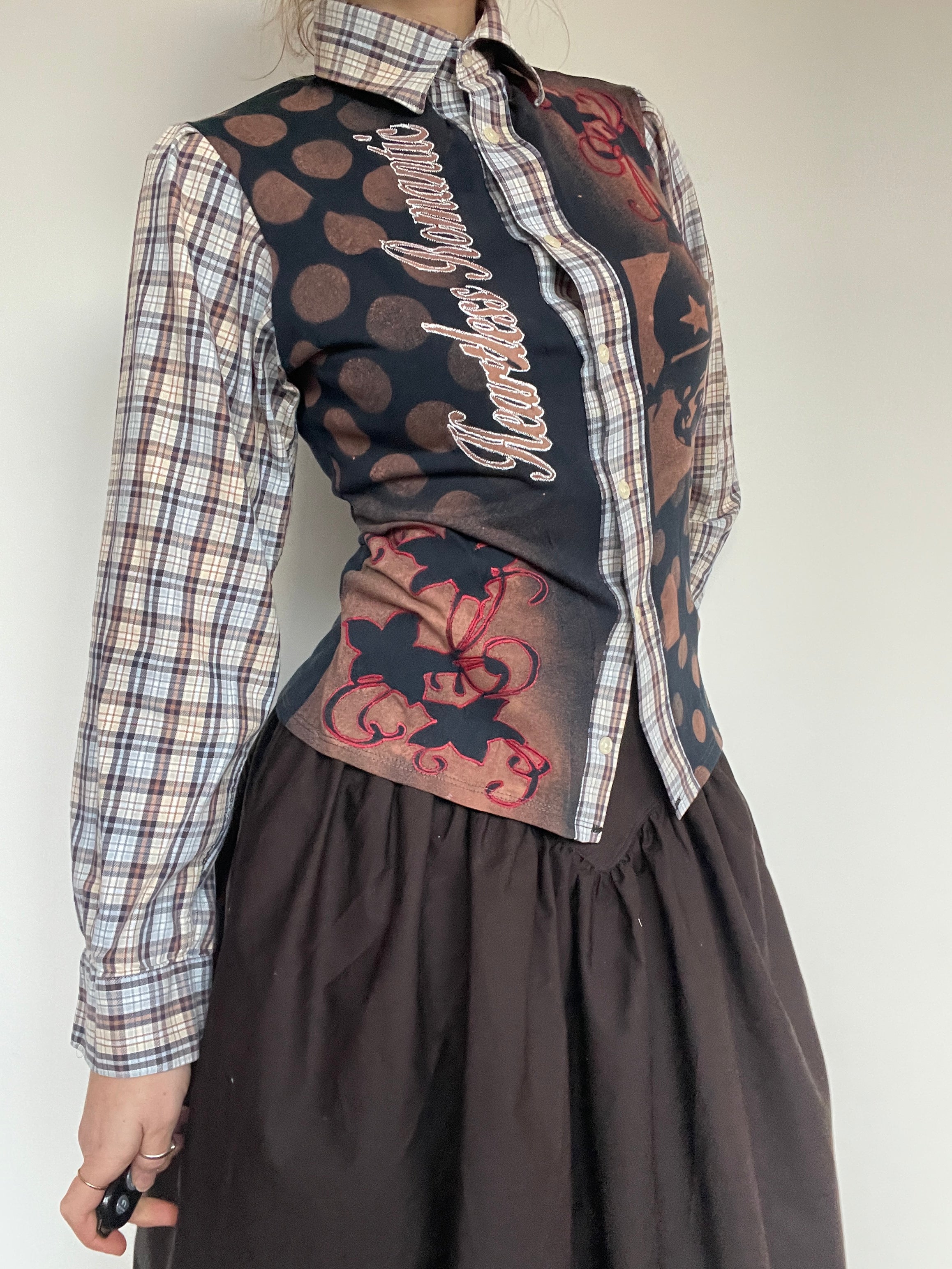 handmade button up shirt with grunge bleach stencil print