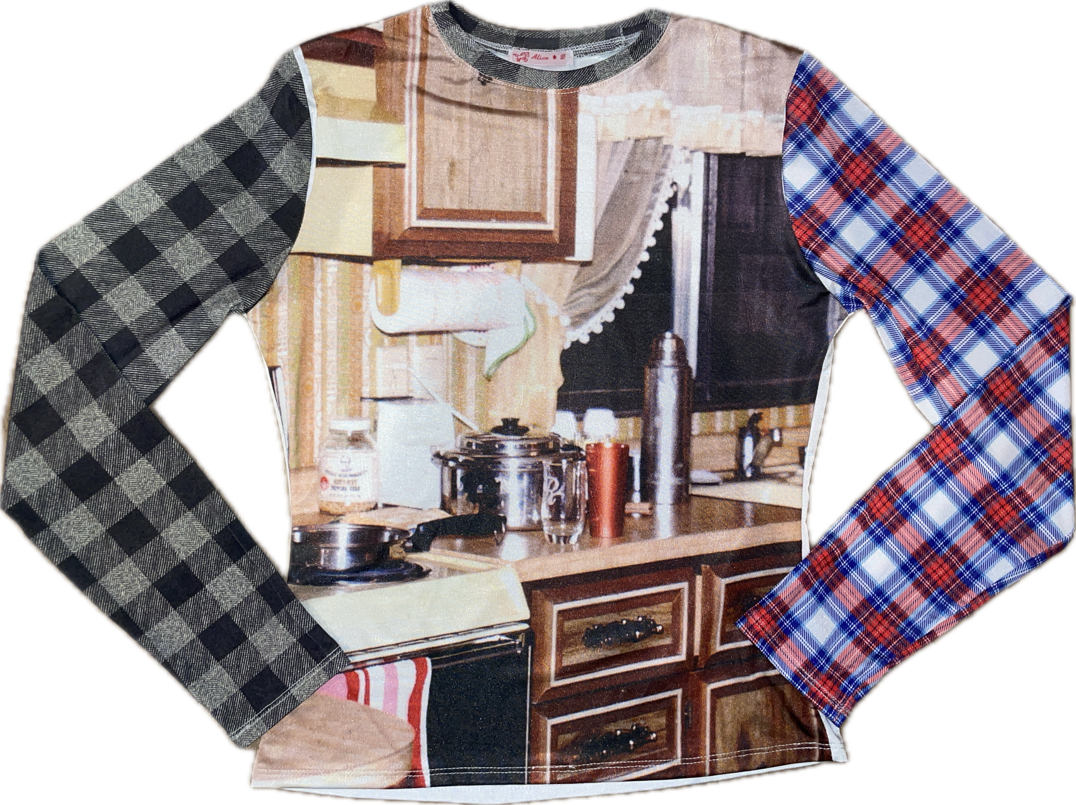 handmade digital print vintage longsleeve top with contrast tartan sleeves