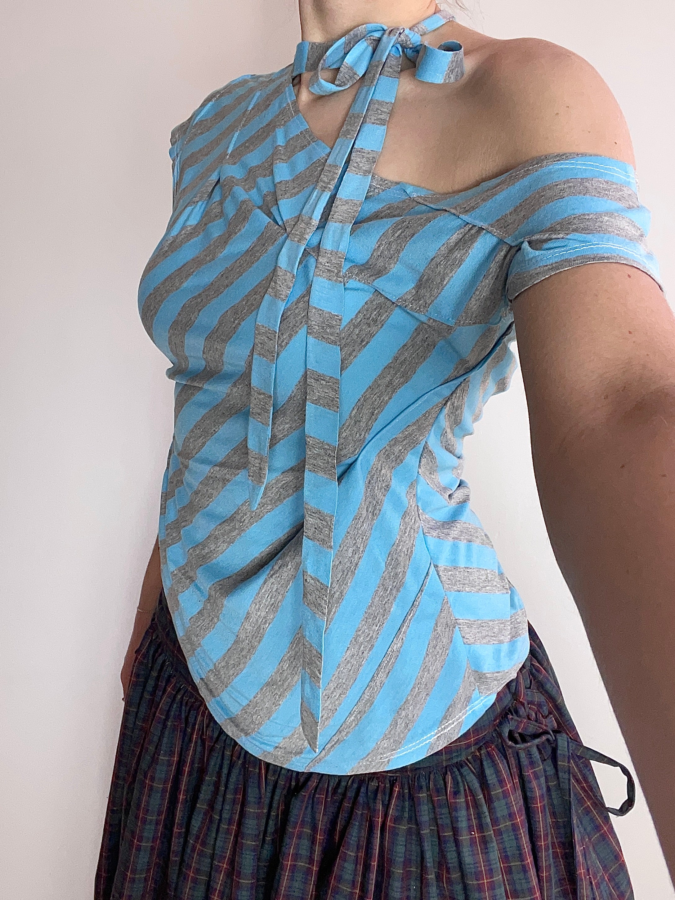handmade blue striped asymetrical top