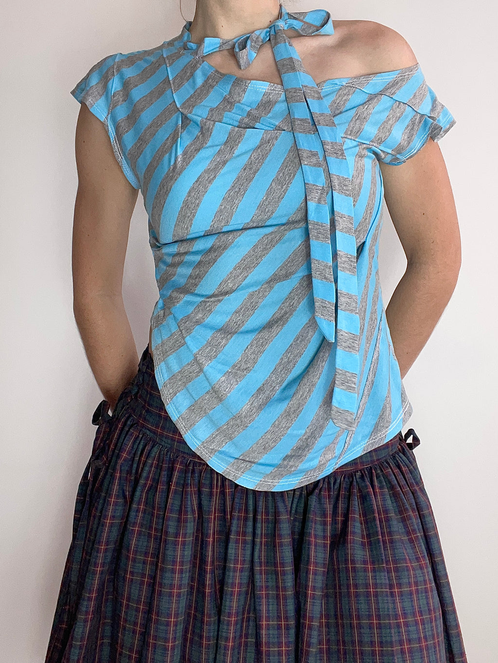 handmade blue striped asymetrical top