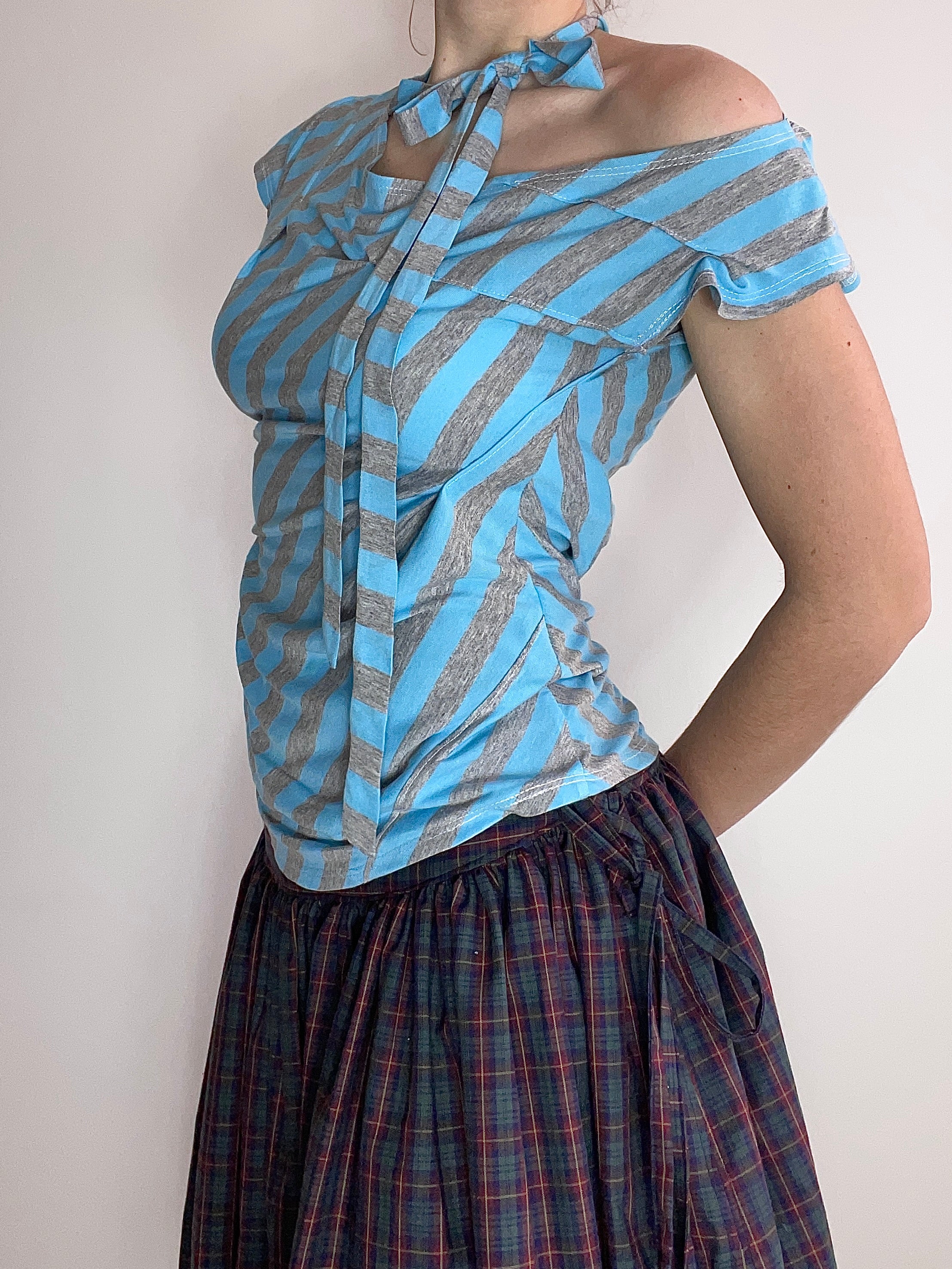 handmade blue striped asymetrical top