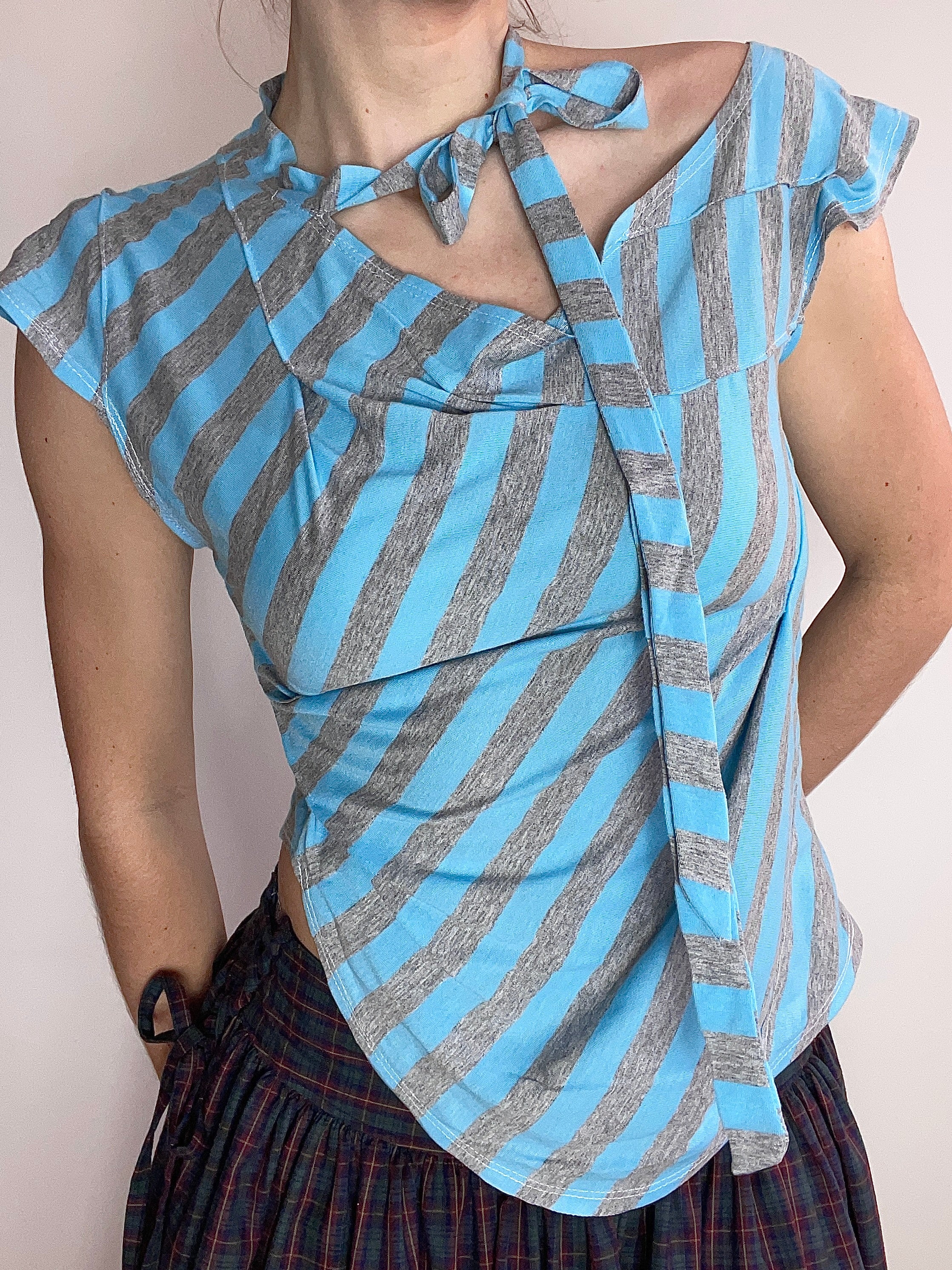 handmade blue striped asymetrical top