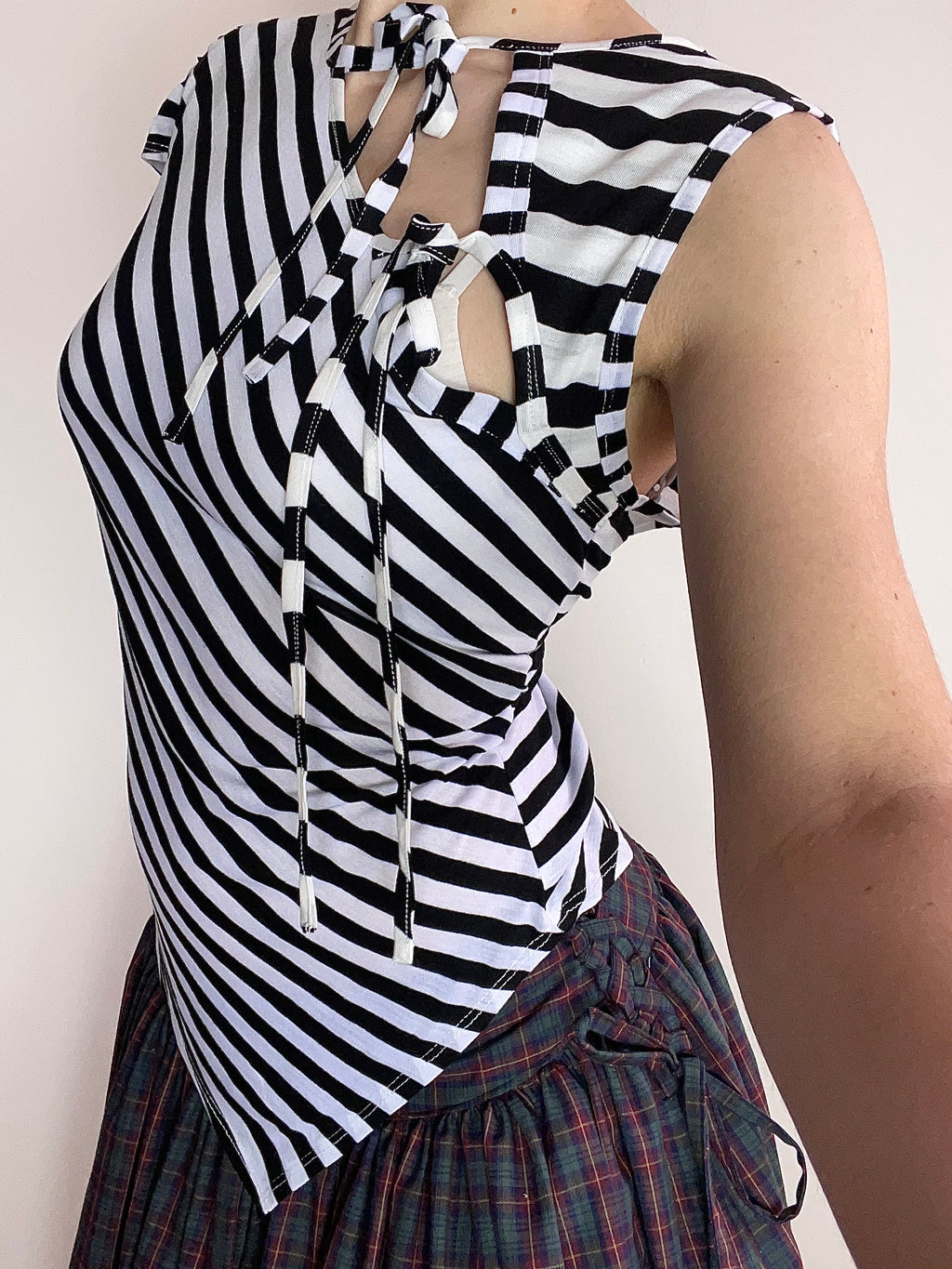 handmade striped monochrome tie up tank hankee hem