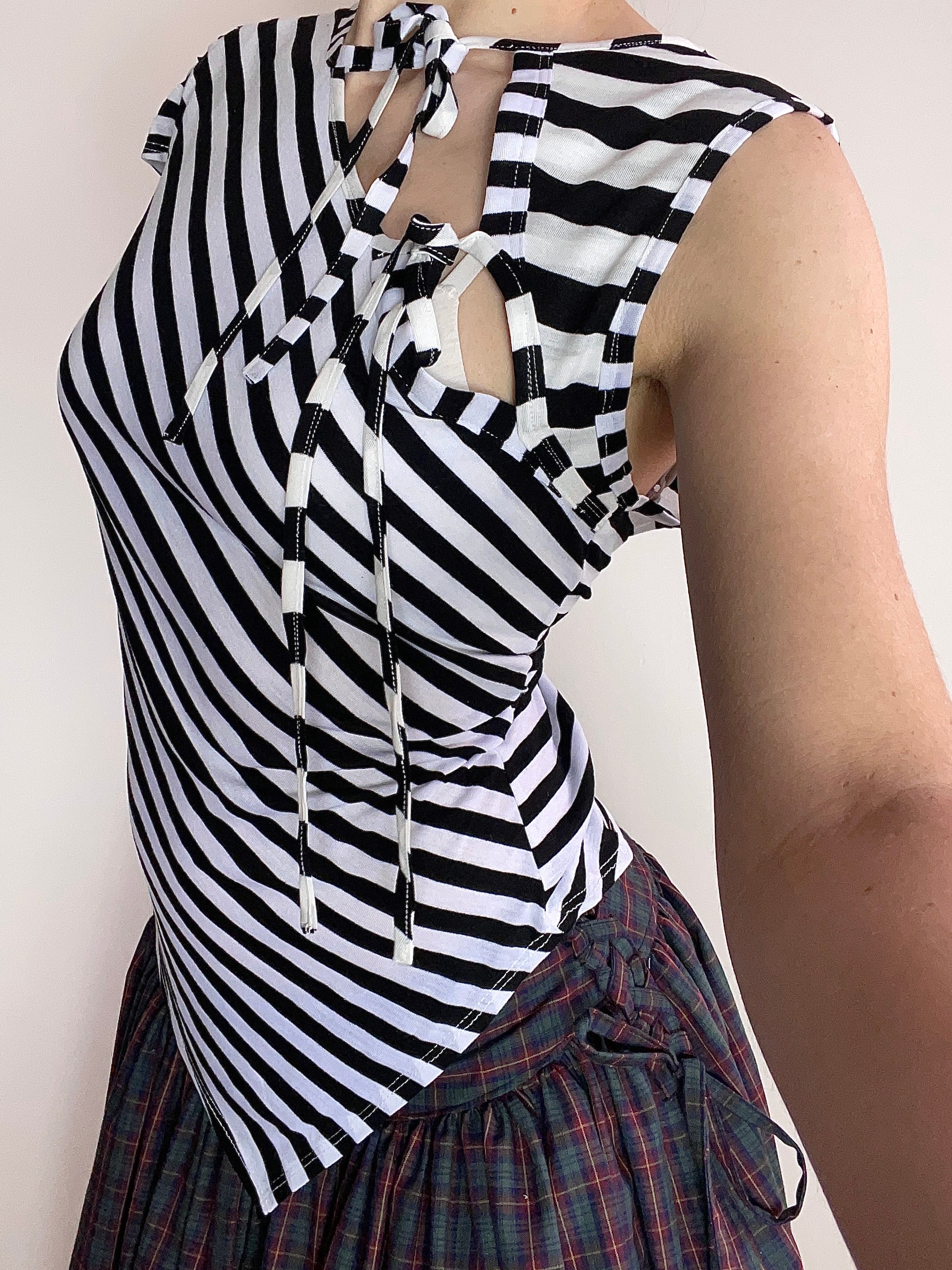 handmade striped monochrome tie up tank hankee hem