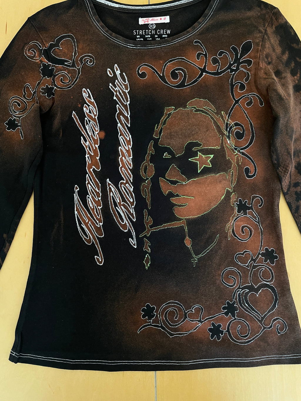 handmade stencil print girls face long sleeve