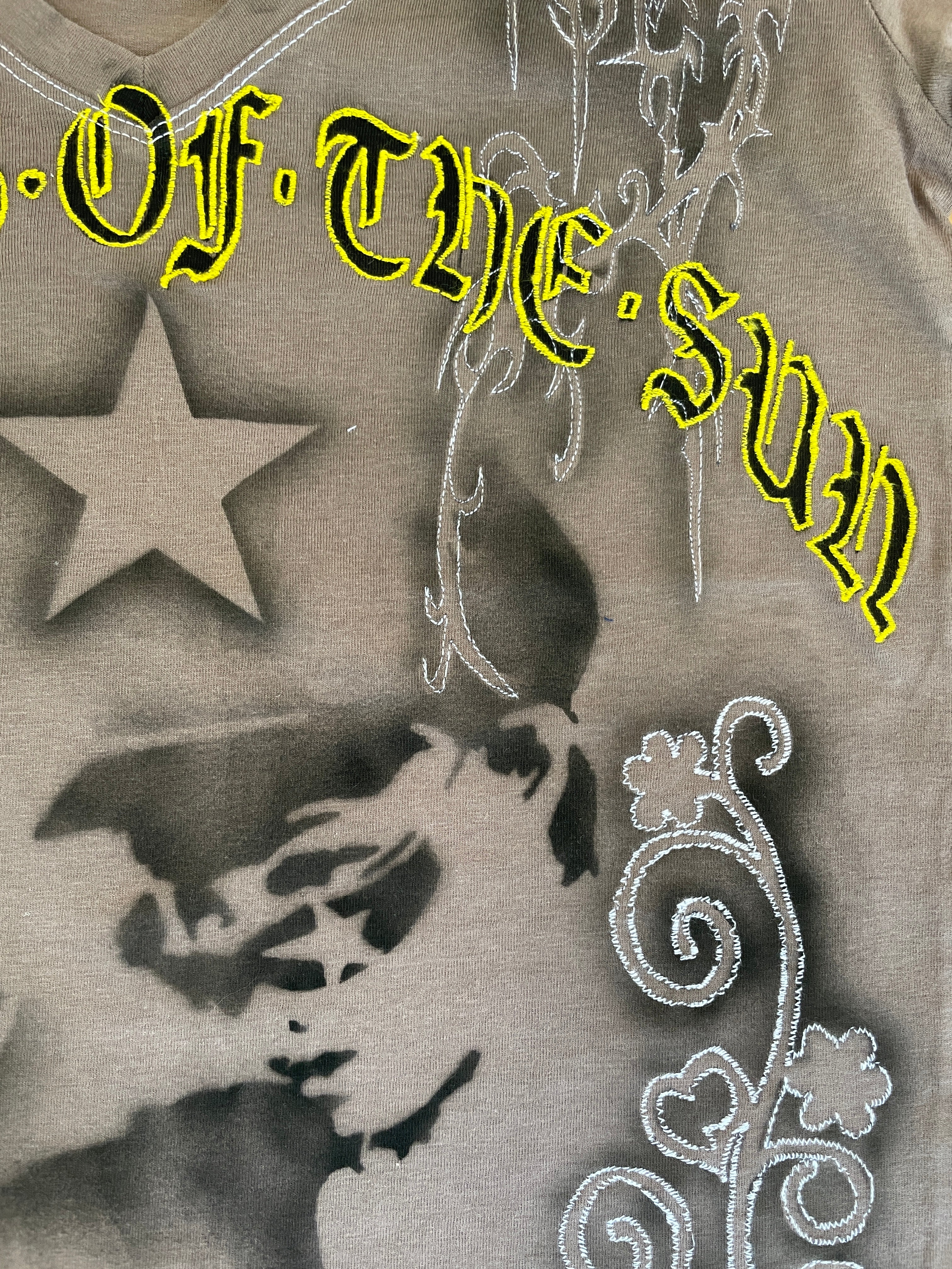 handmade airbrush stencil print embroidered tee