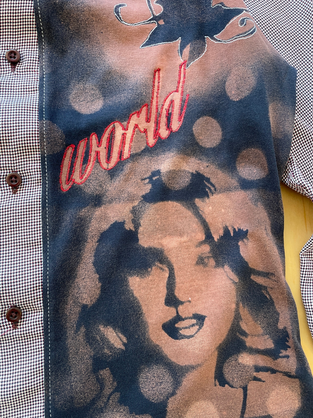 handmade button up shirt with stencil print design