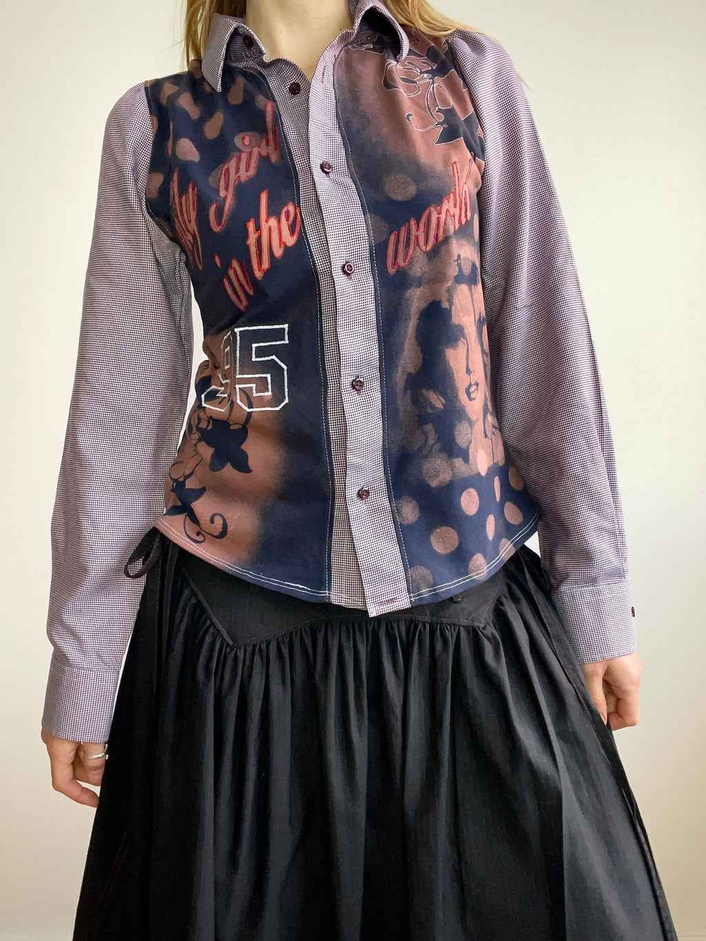 handmade button up shirt with stencil print design
