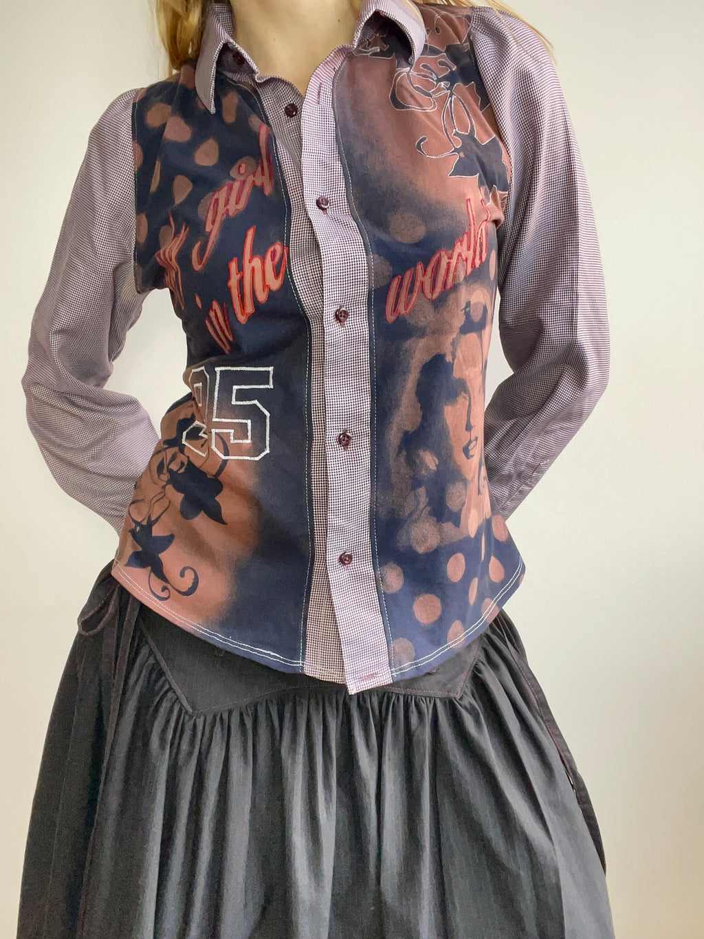 handmade button up shirt with stencil print design