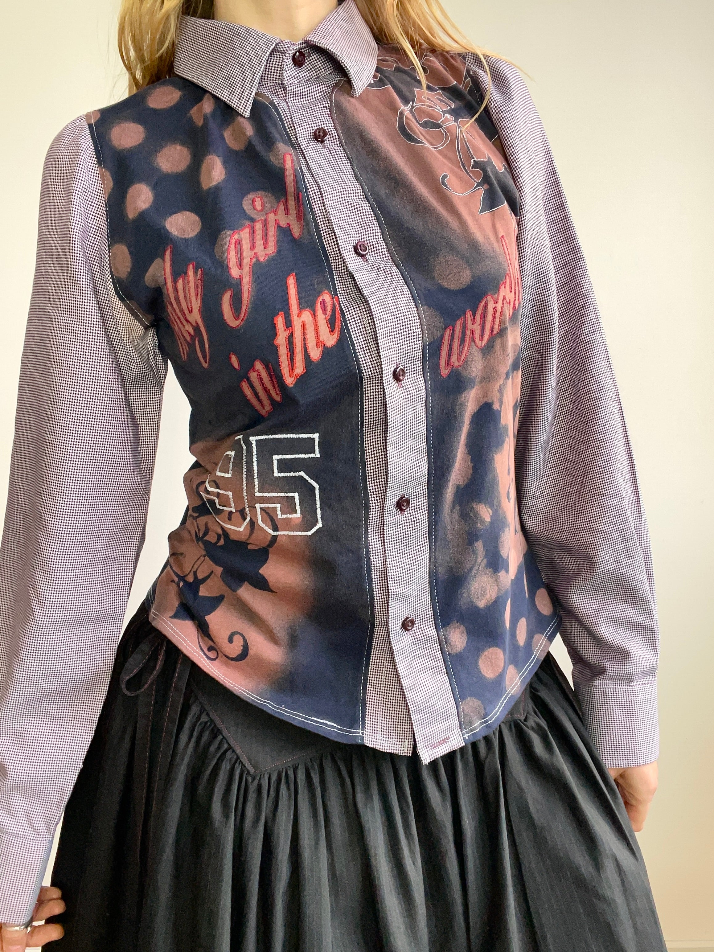 handmade button up shirt with stencil print design