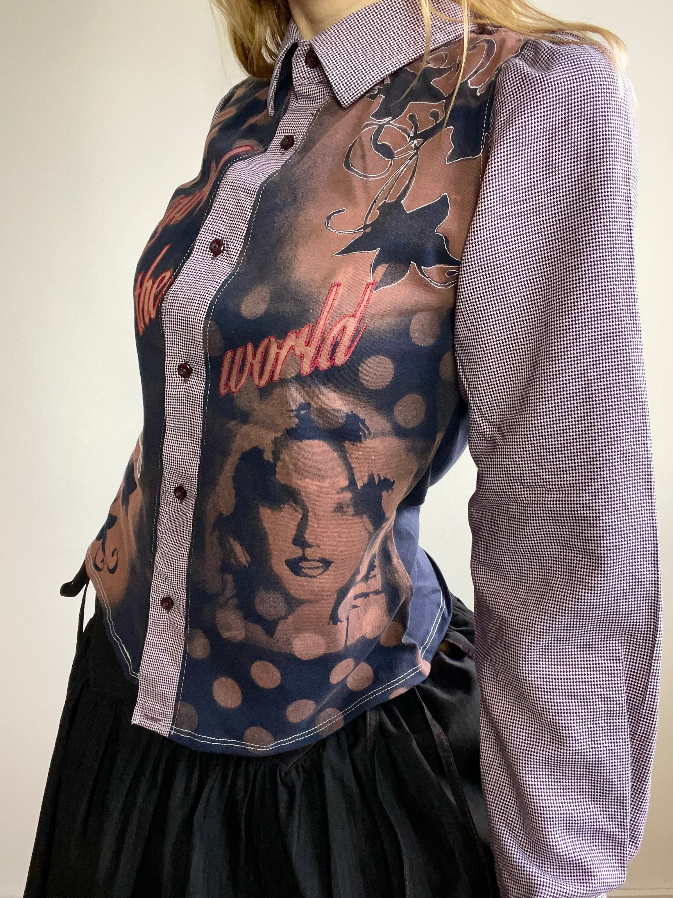 handmade button up shirt with stencil print design