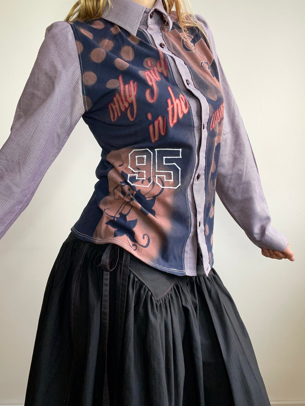 handmade button up shirt with stencil print design