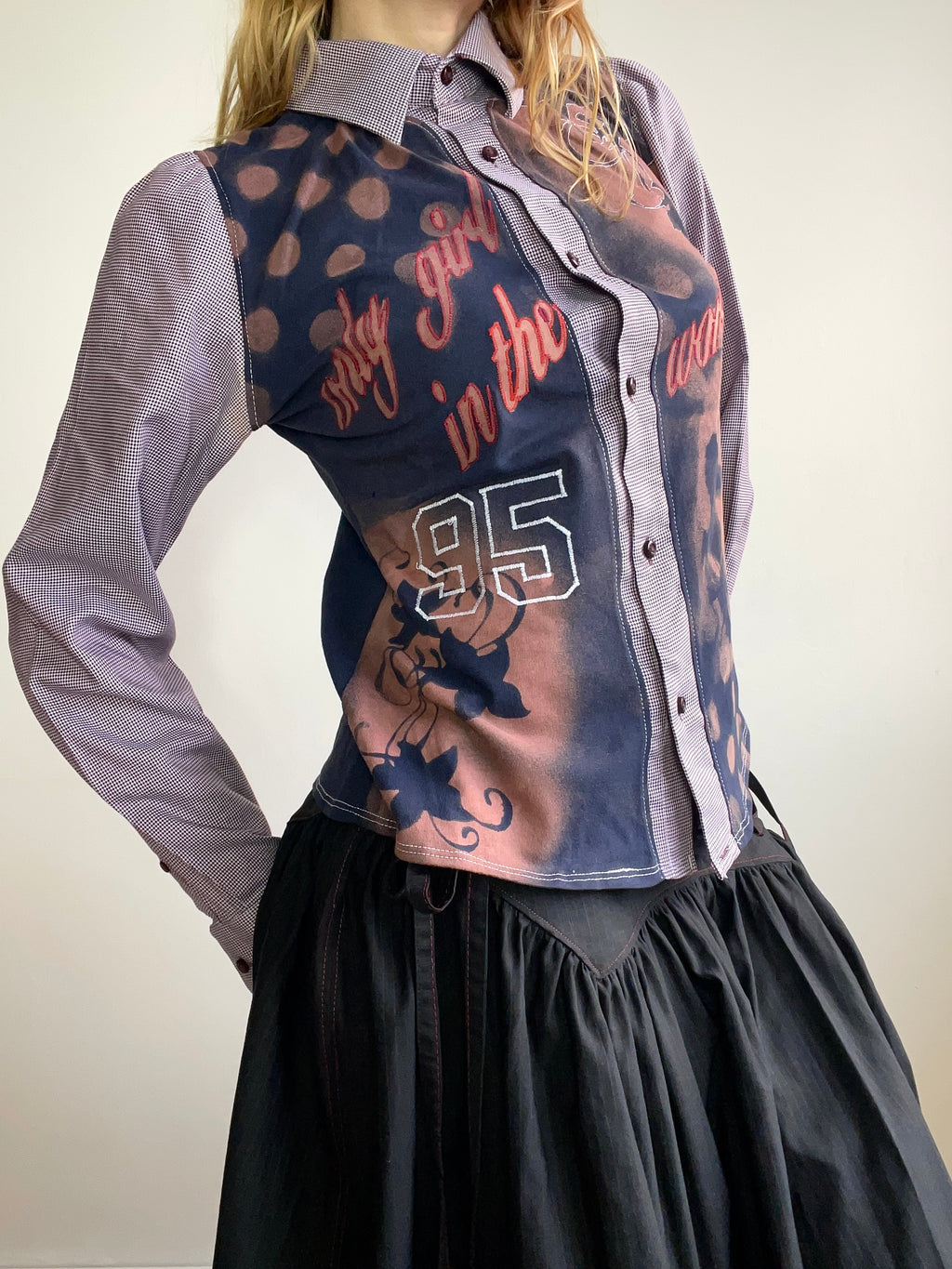 handmade button up shirt with stencil print design