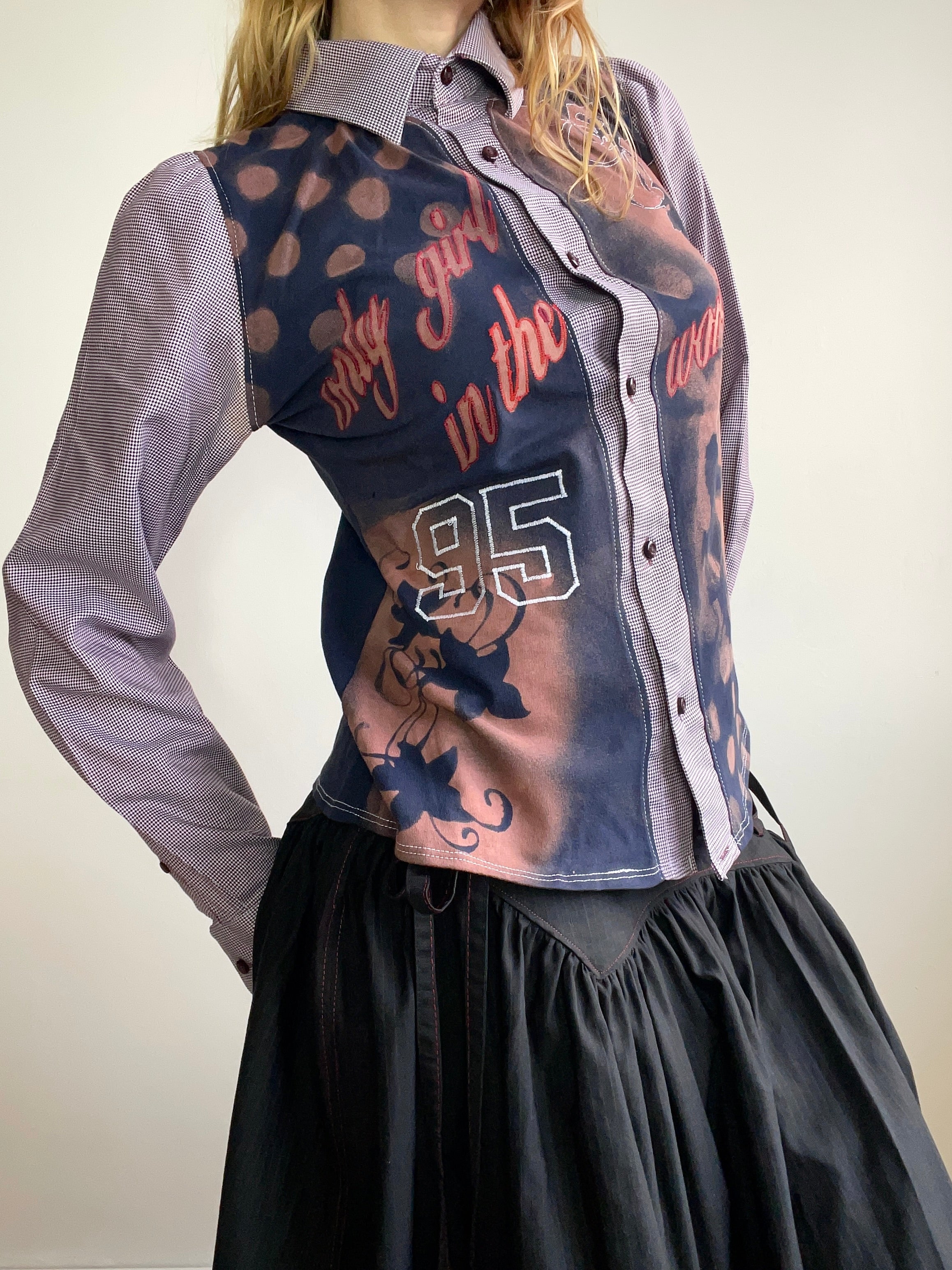 handmade button up shirt with stencil print design