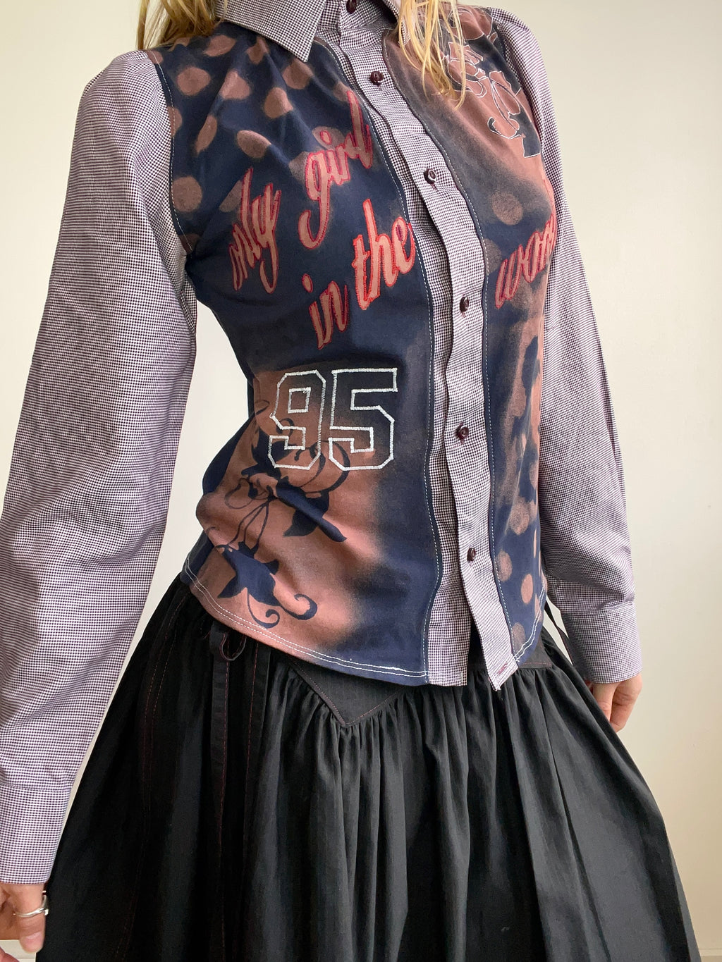 handmade button up shirt with stencil print design