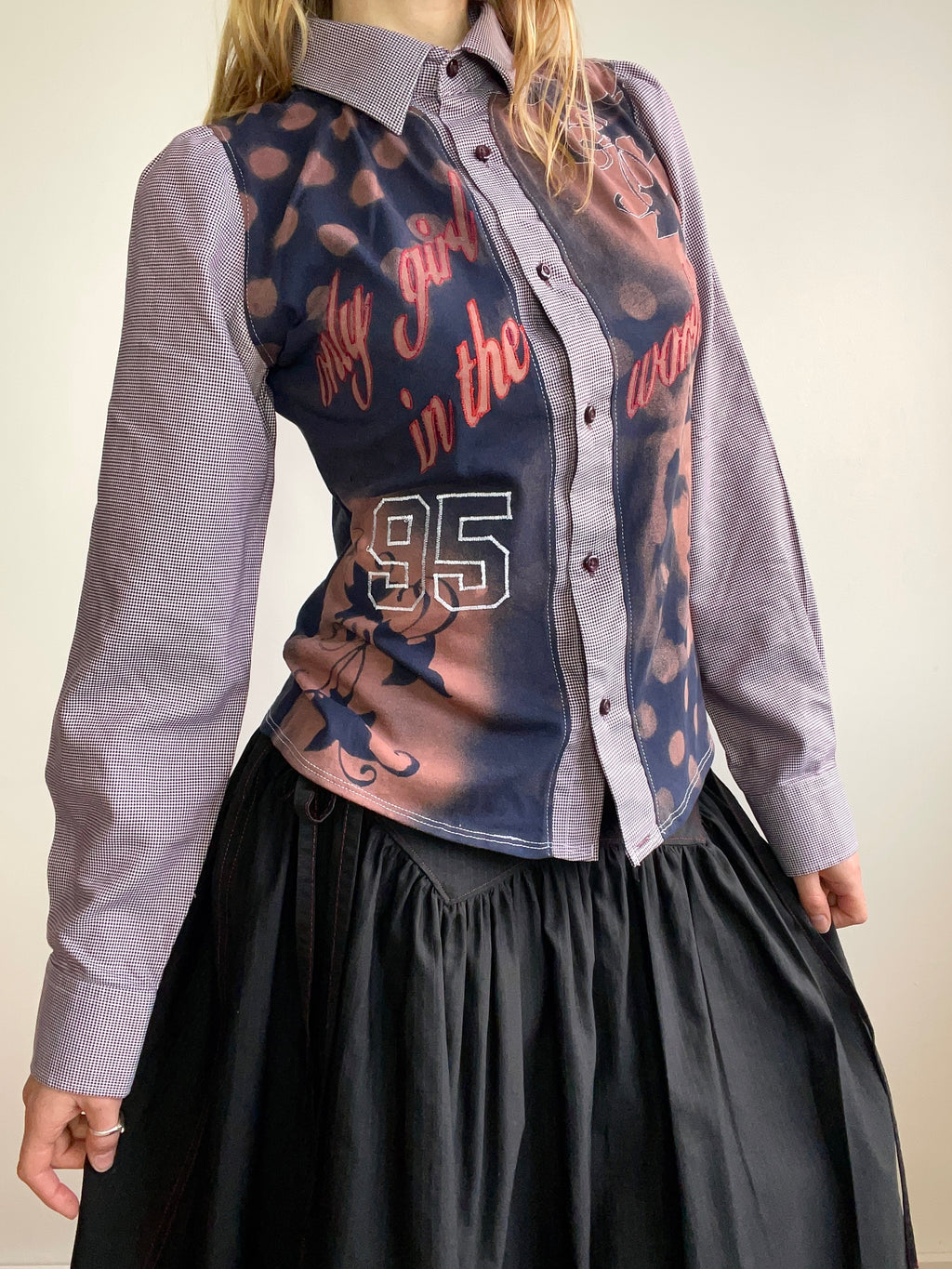 handmade button up shirt with stencil print design