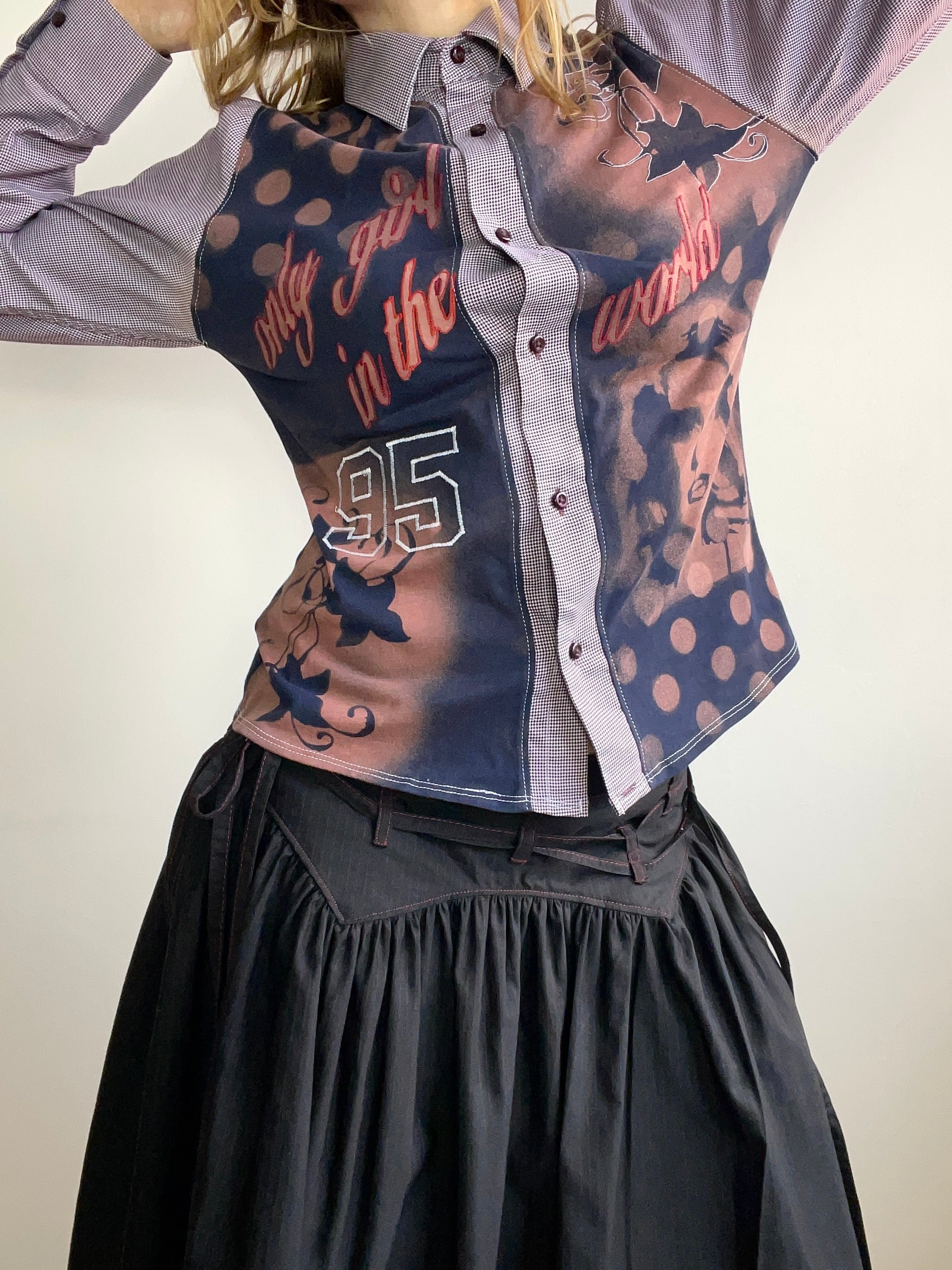 handmade button up shirt with stencil print design