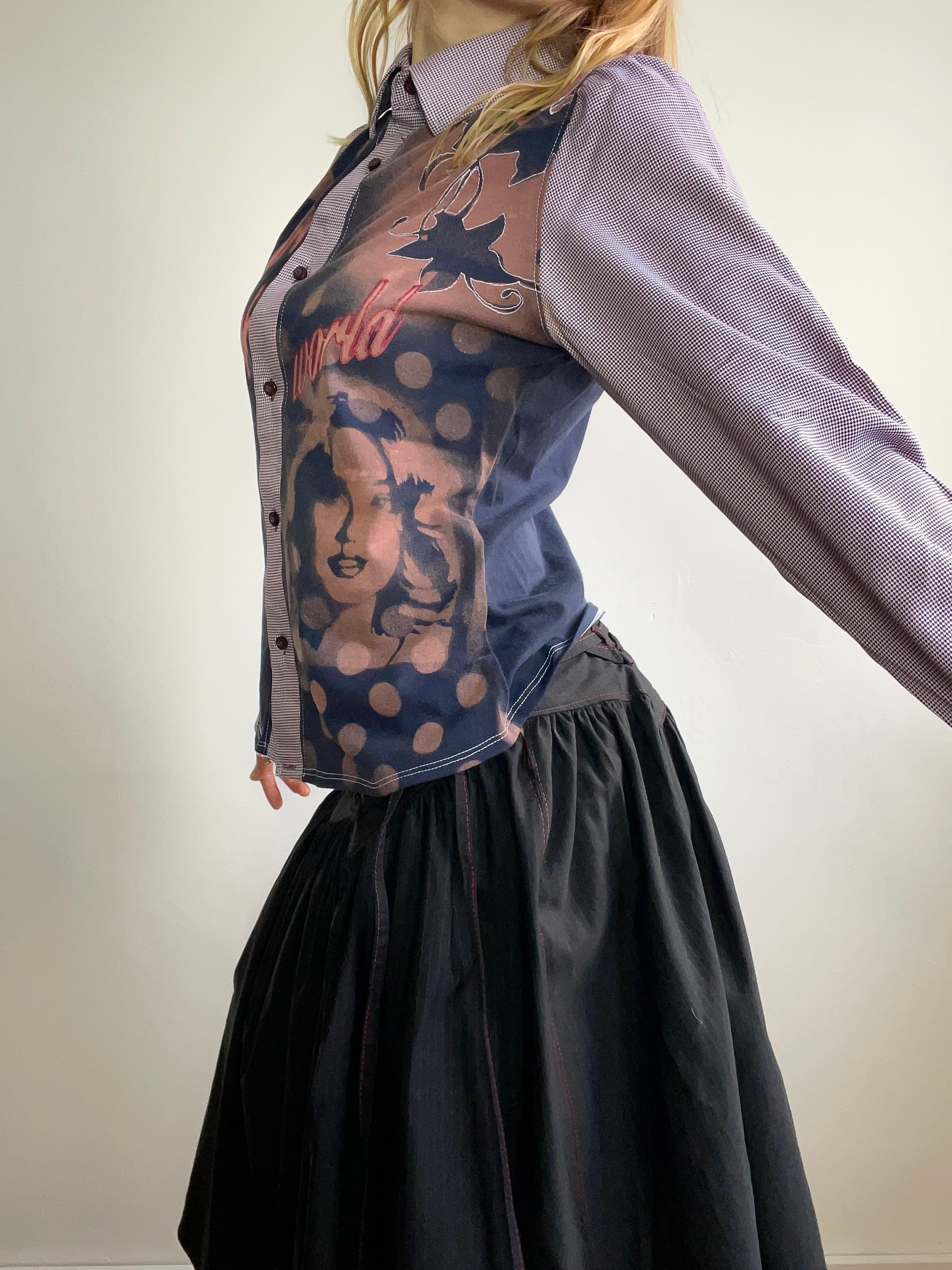 handmade button up shirt with stencil print design