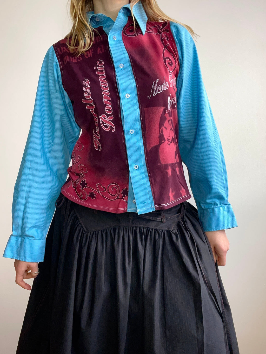 handmade button up shirt with stencil print design