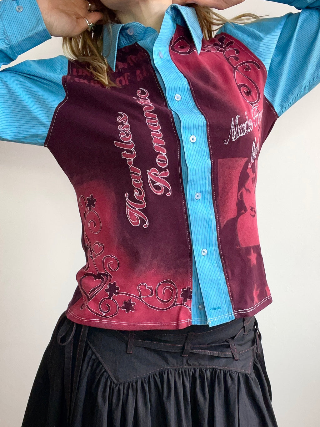 handmade button up shirt with stencil print design