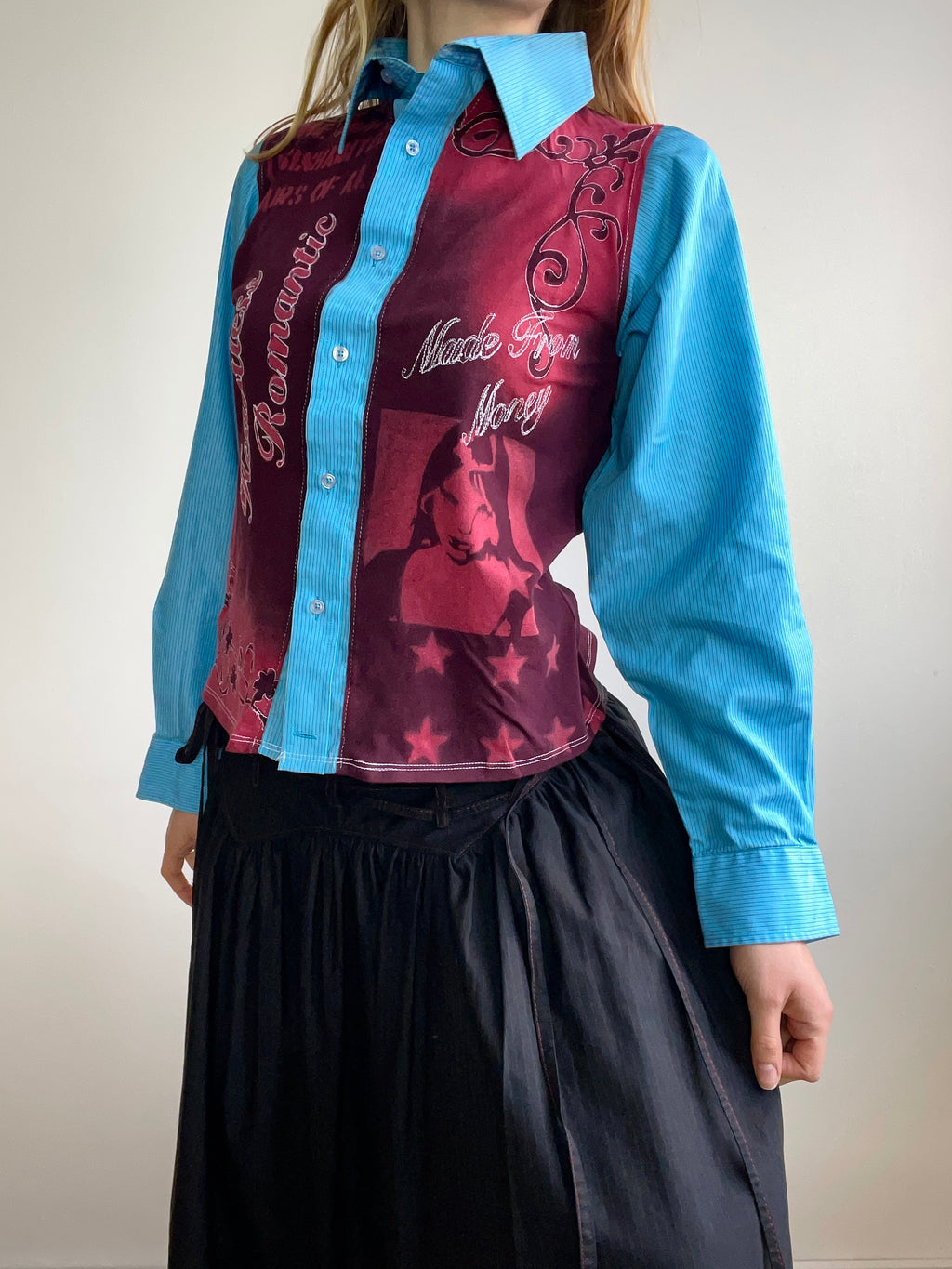 handmade button up shirt with stencil print design