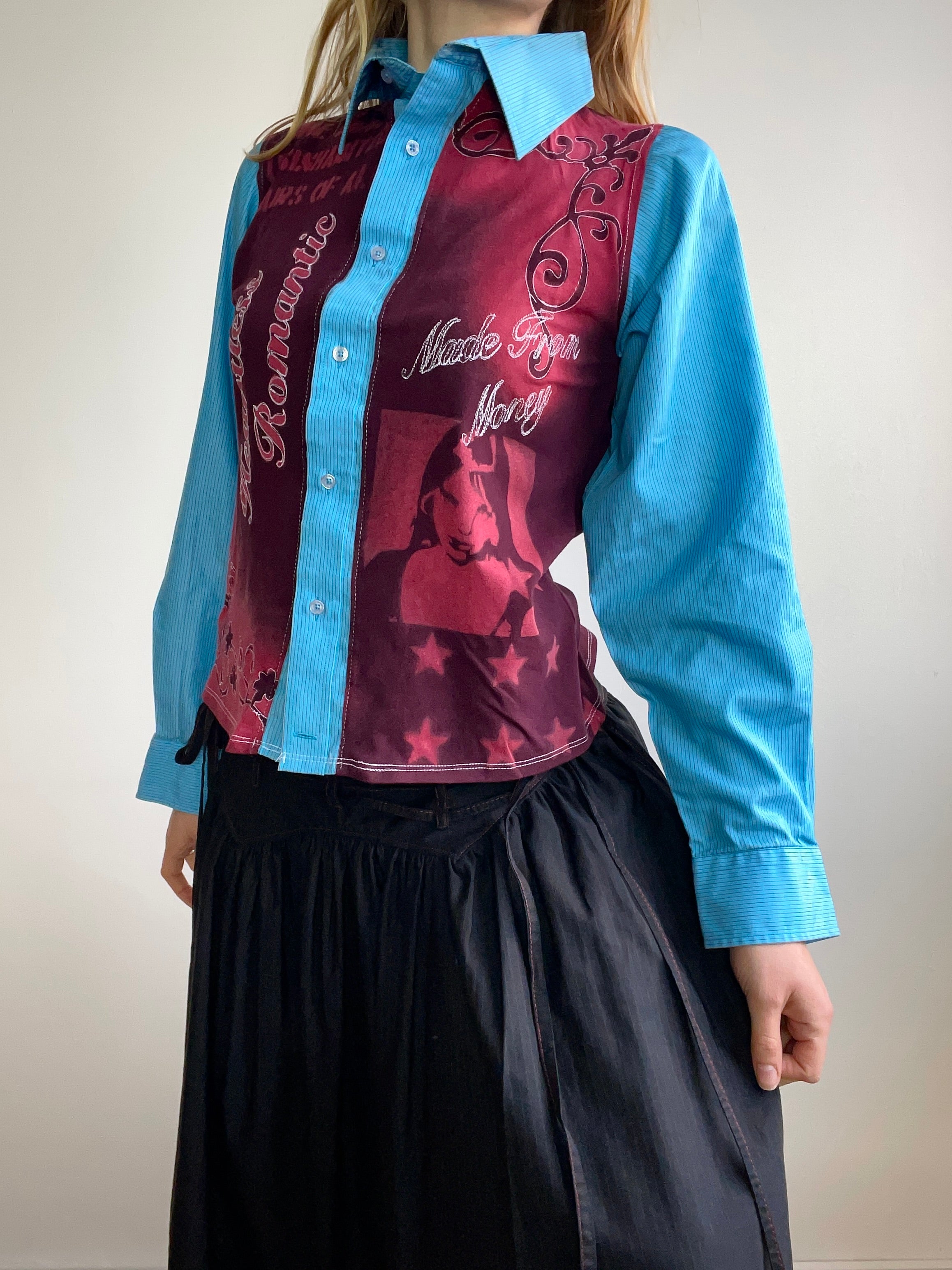 handmade button up shirt with stencil print design