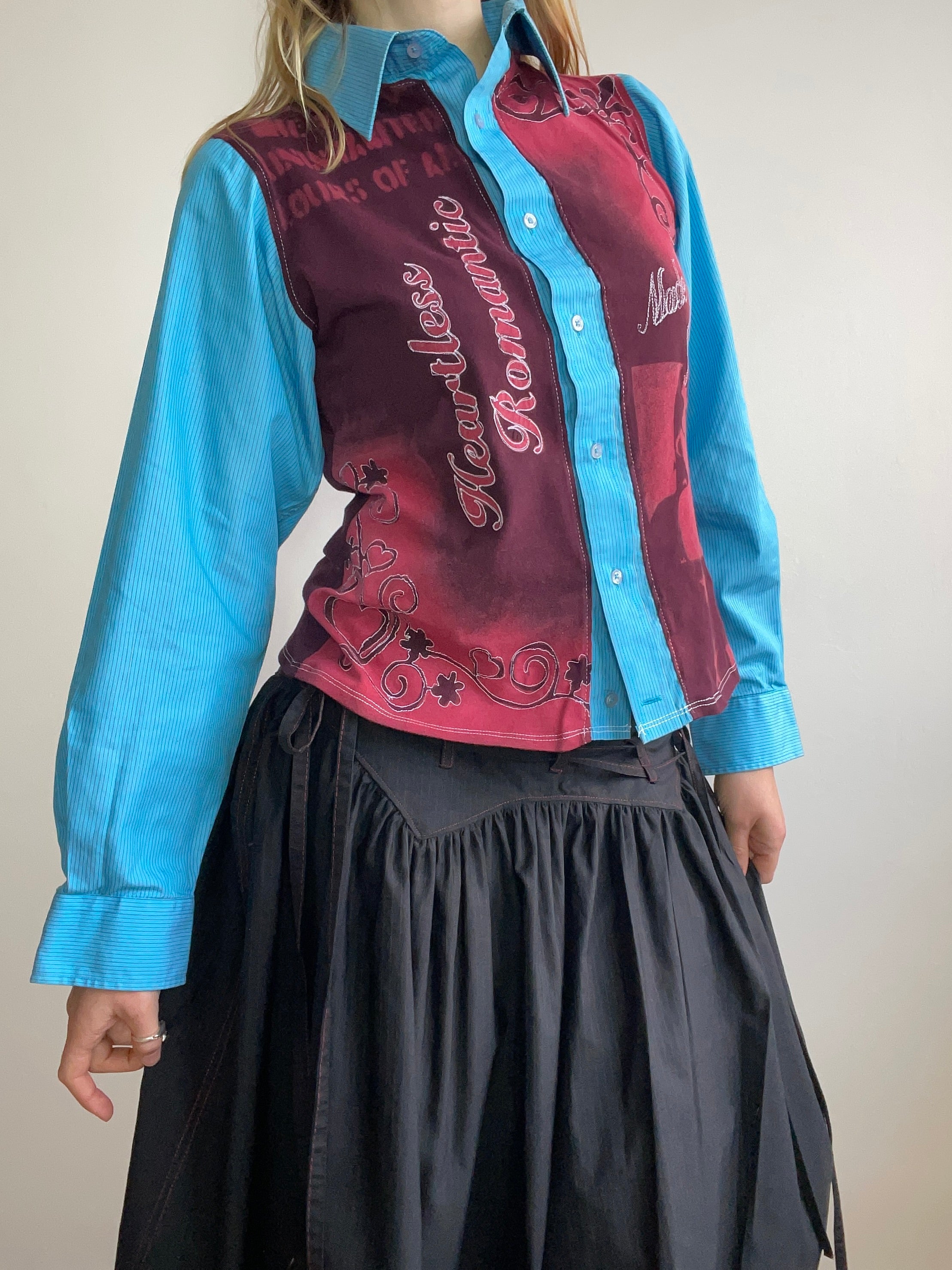 handmade button up shirt with stencil print design