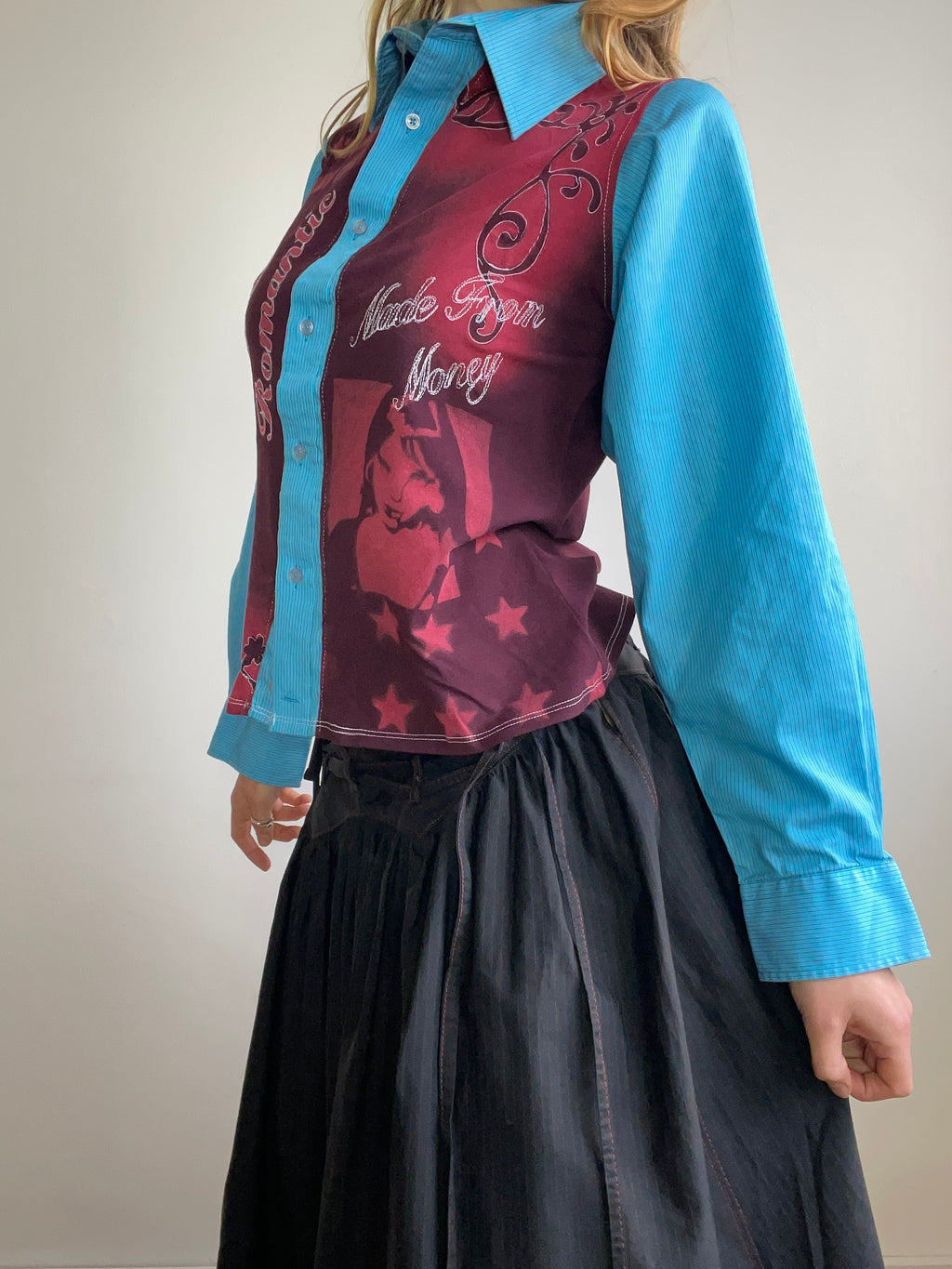 handmade button up shirt with stencil print design