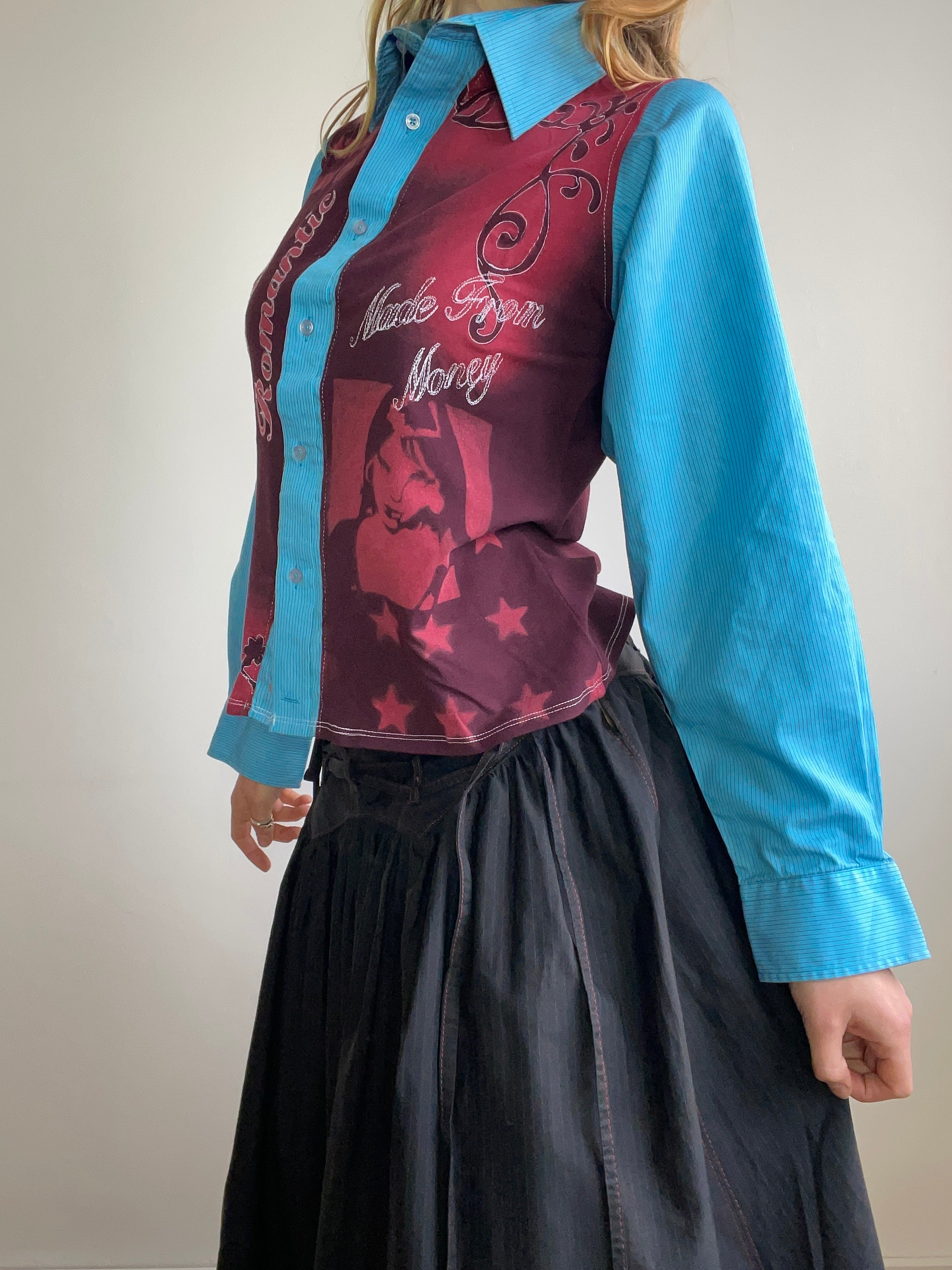 handmade button up shirt with stencil print design