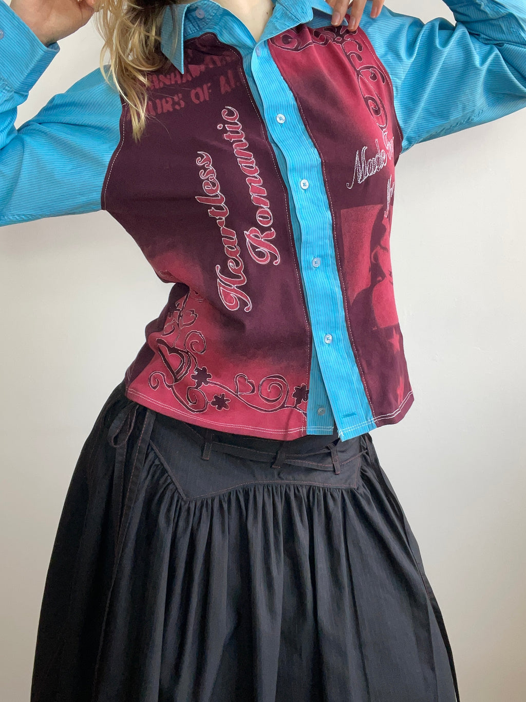 handmade button up shirt with stencil print design
