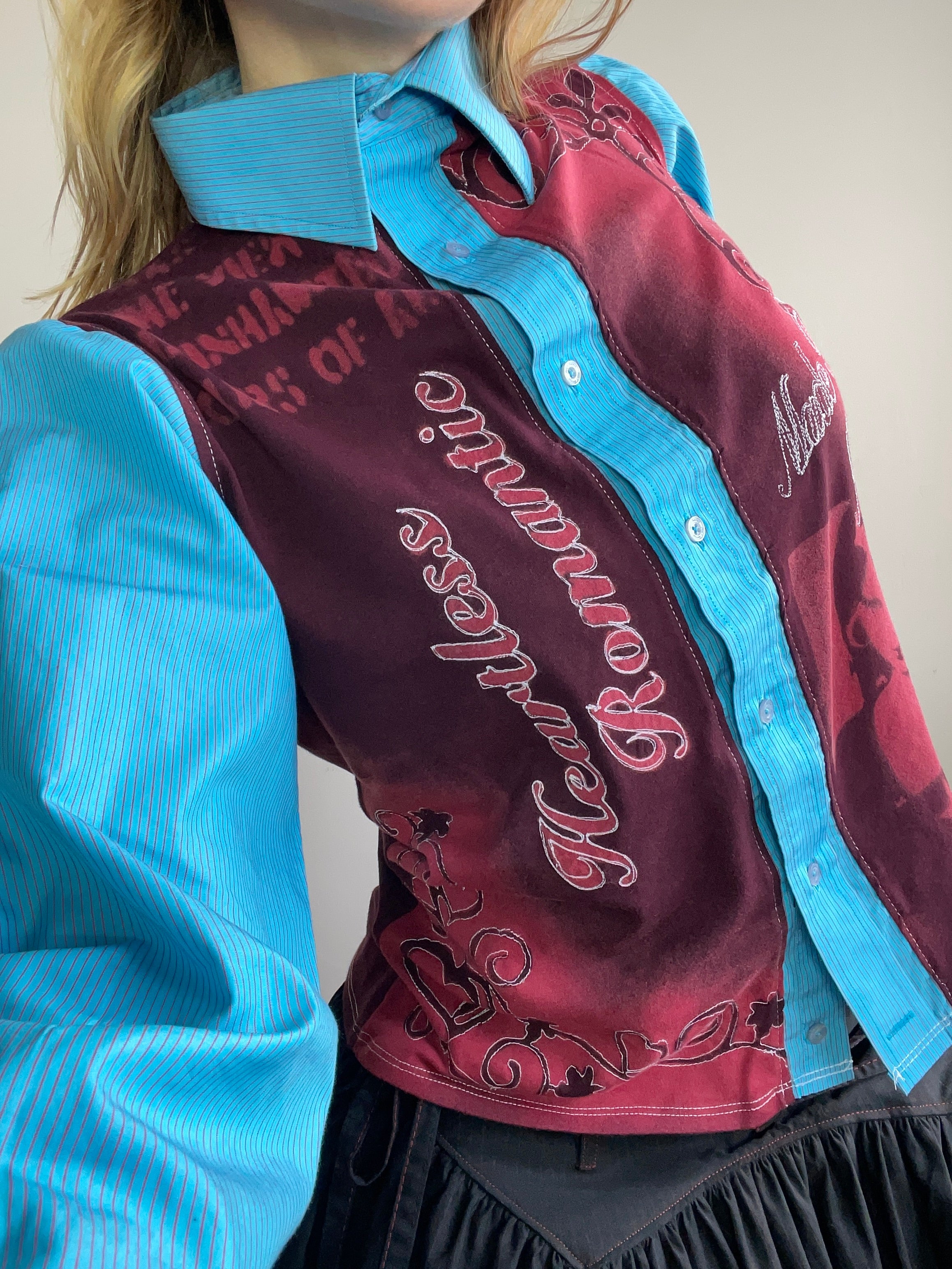 handmade button up shirt with stencil print design