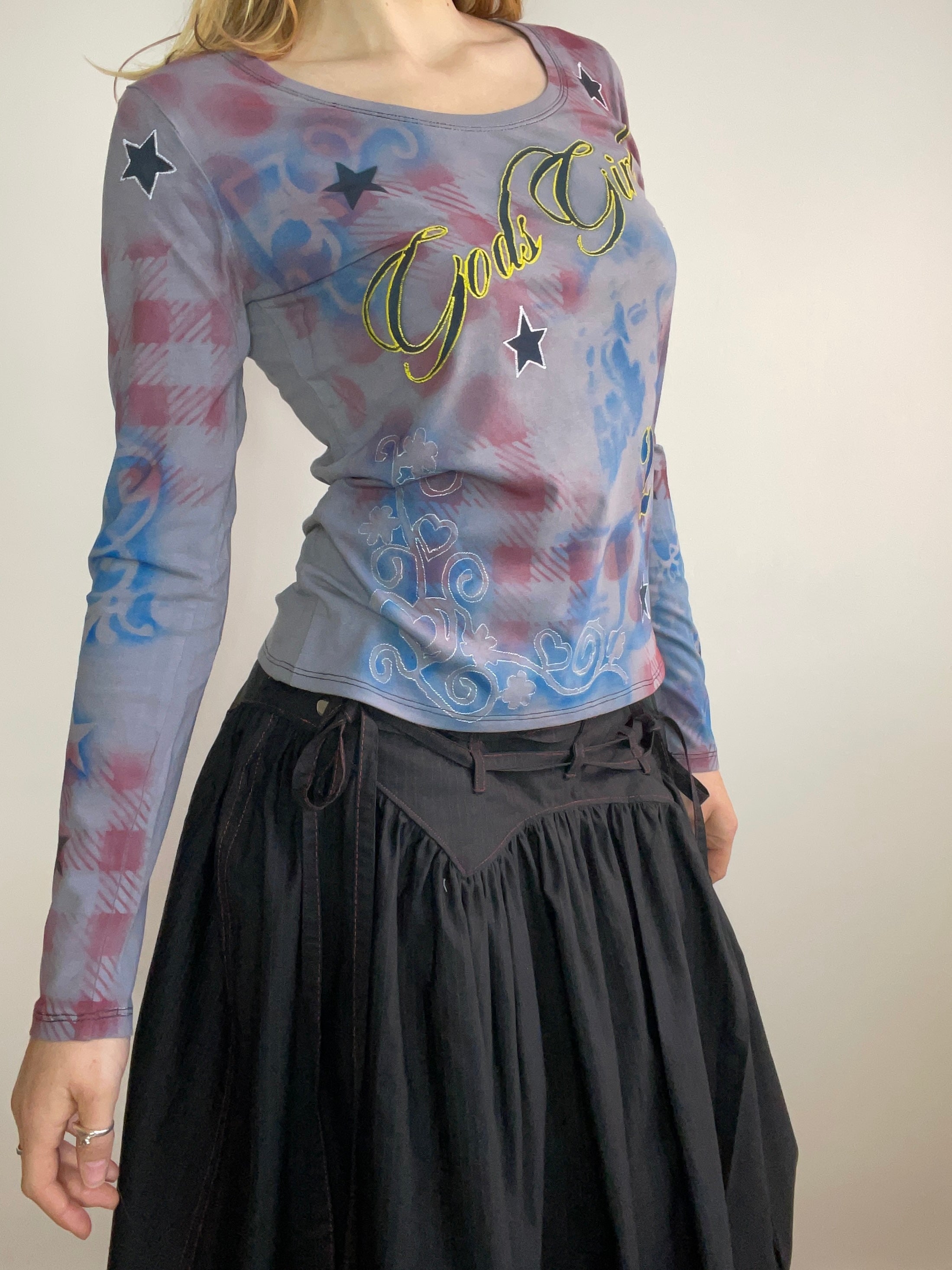 handmade tartan airbrush stencil print ribbed embroidered long sleeve