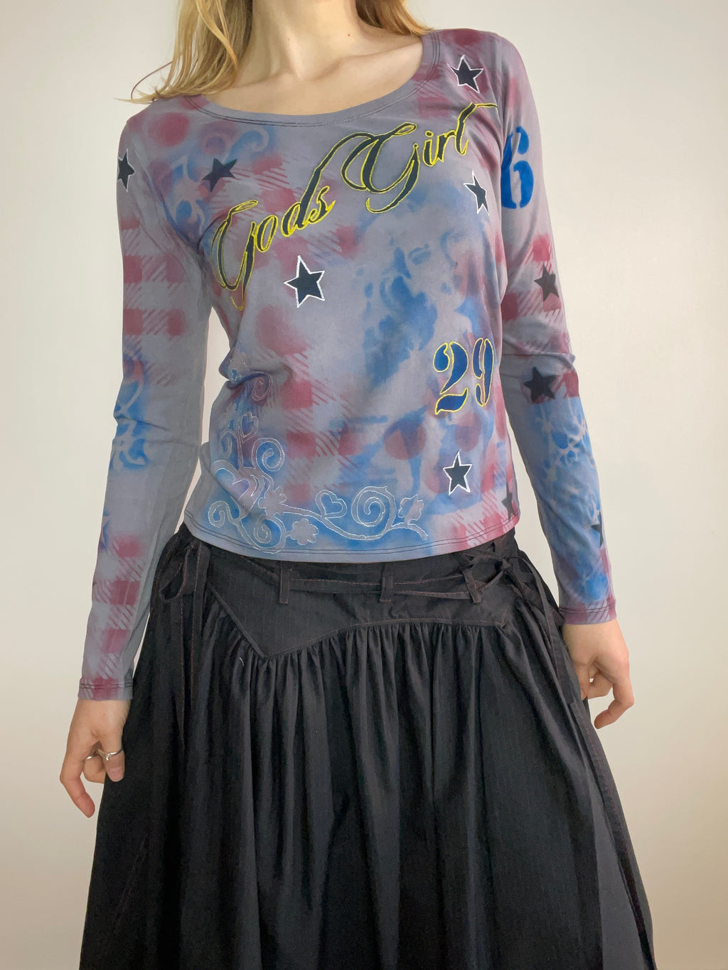 handmade tartan airbrush stencil print ribbed embroidered long sleeve