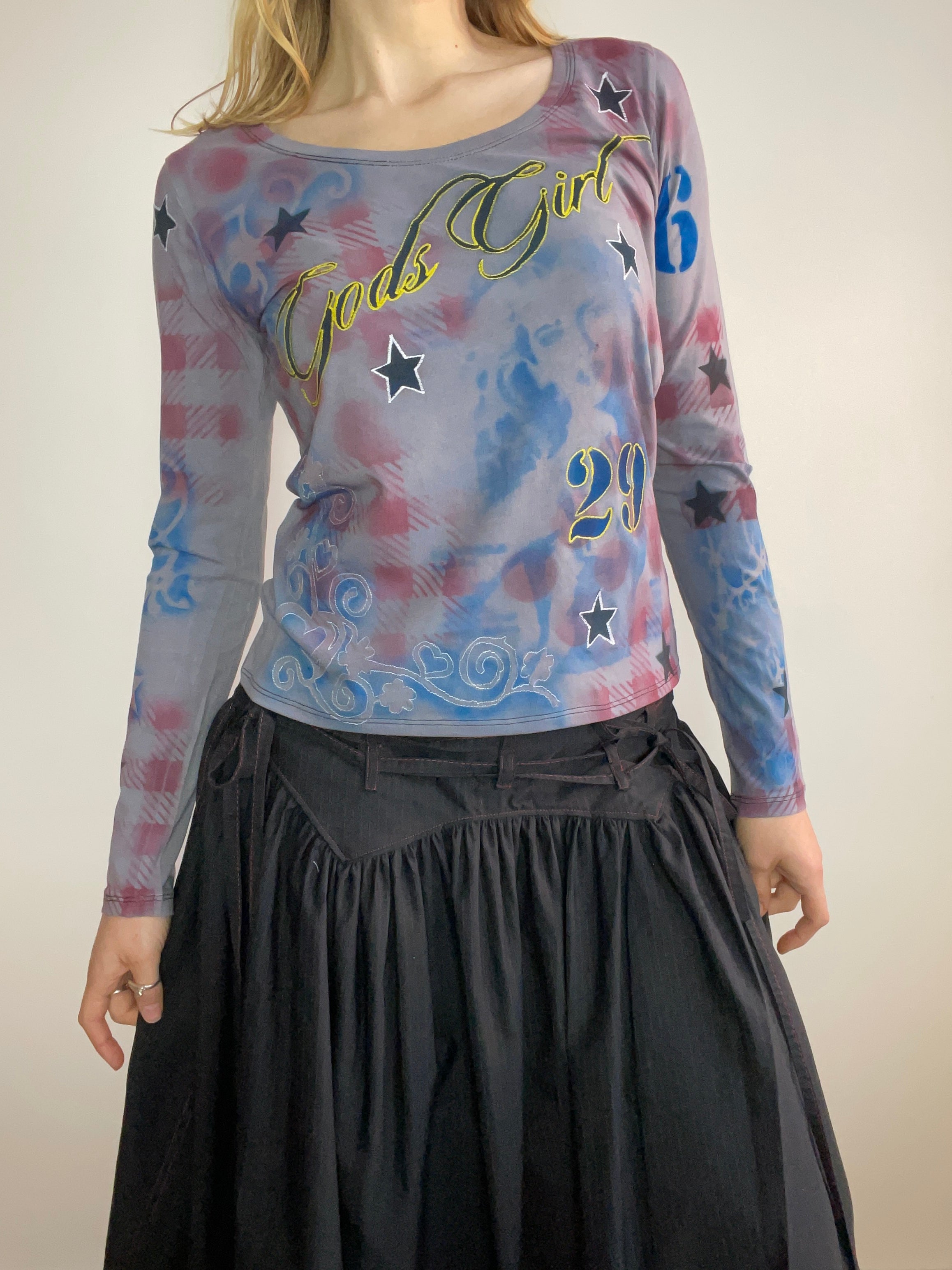 handmade tartan airbrush stencil print ribbed embroidered long sleeve
