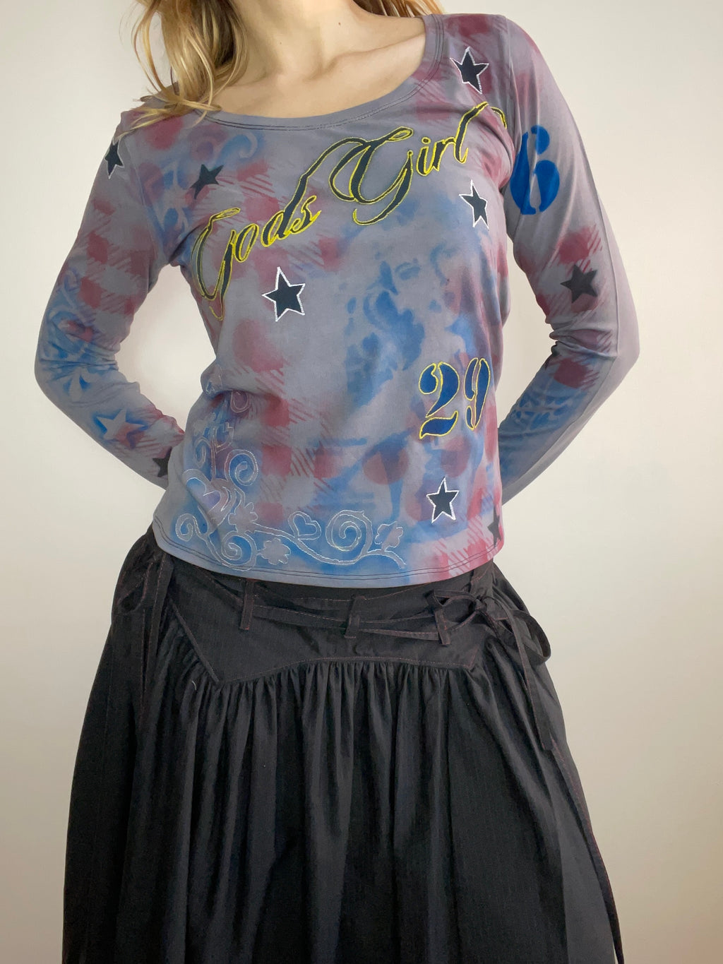handmade tartan airbrush stencil print ribbed embroidered long sleeve