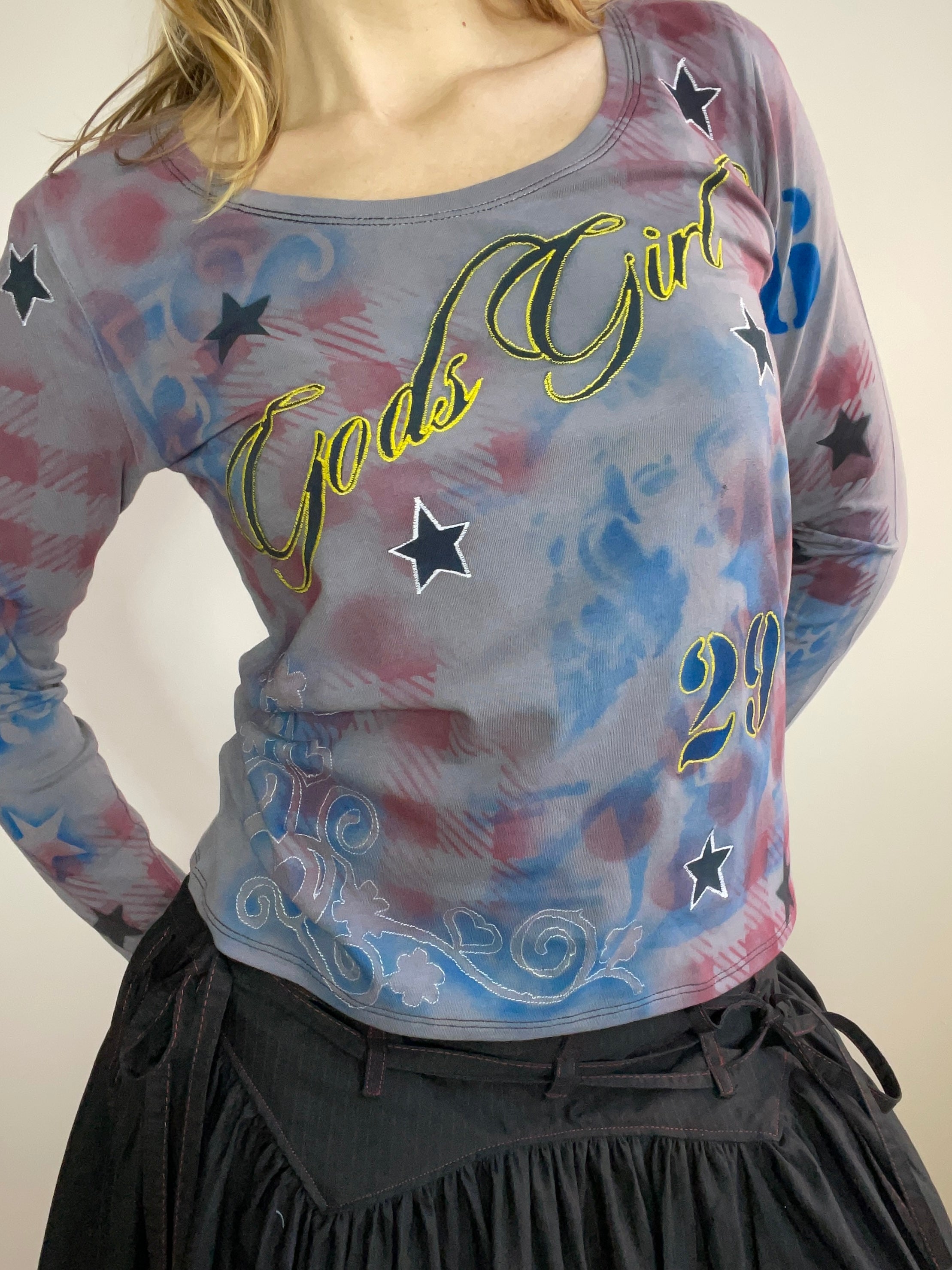 handmade tartan airbrush stencil print ribbed embroidered long sleeve