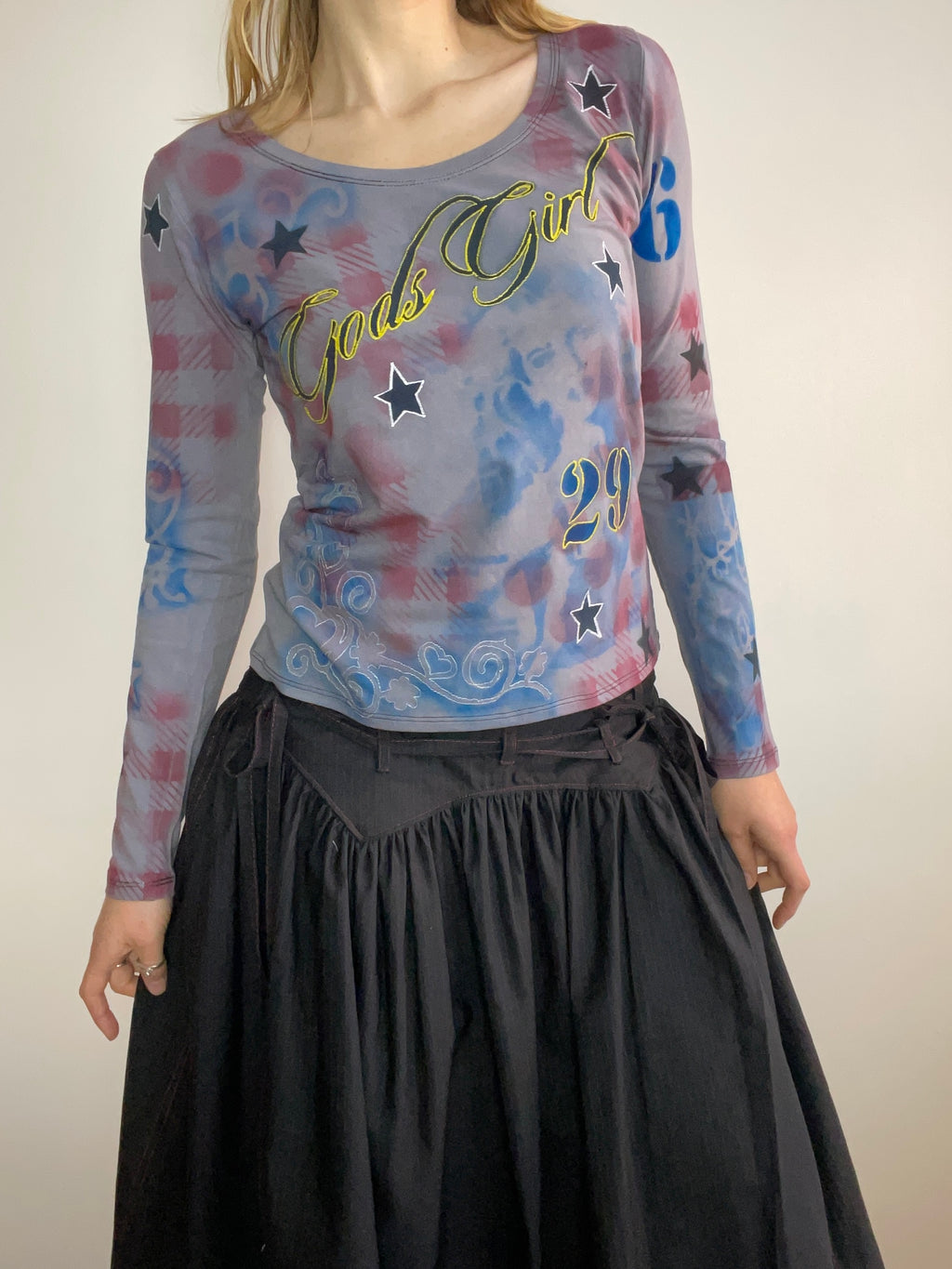 handmade tartan airbrush stencil print ribbed embroidered long sleeve