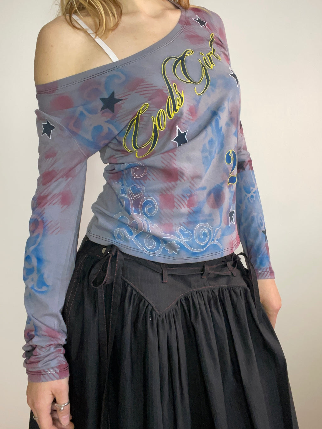 handmade tartan airbrush stencil print ribbed embroidered long sleeve