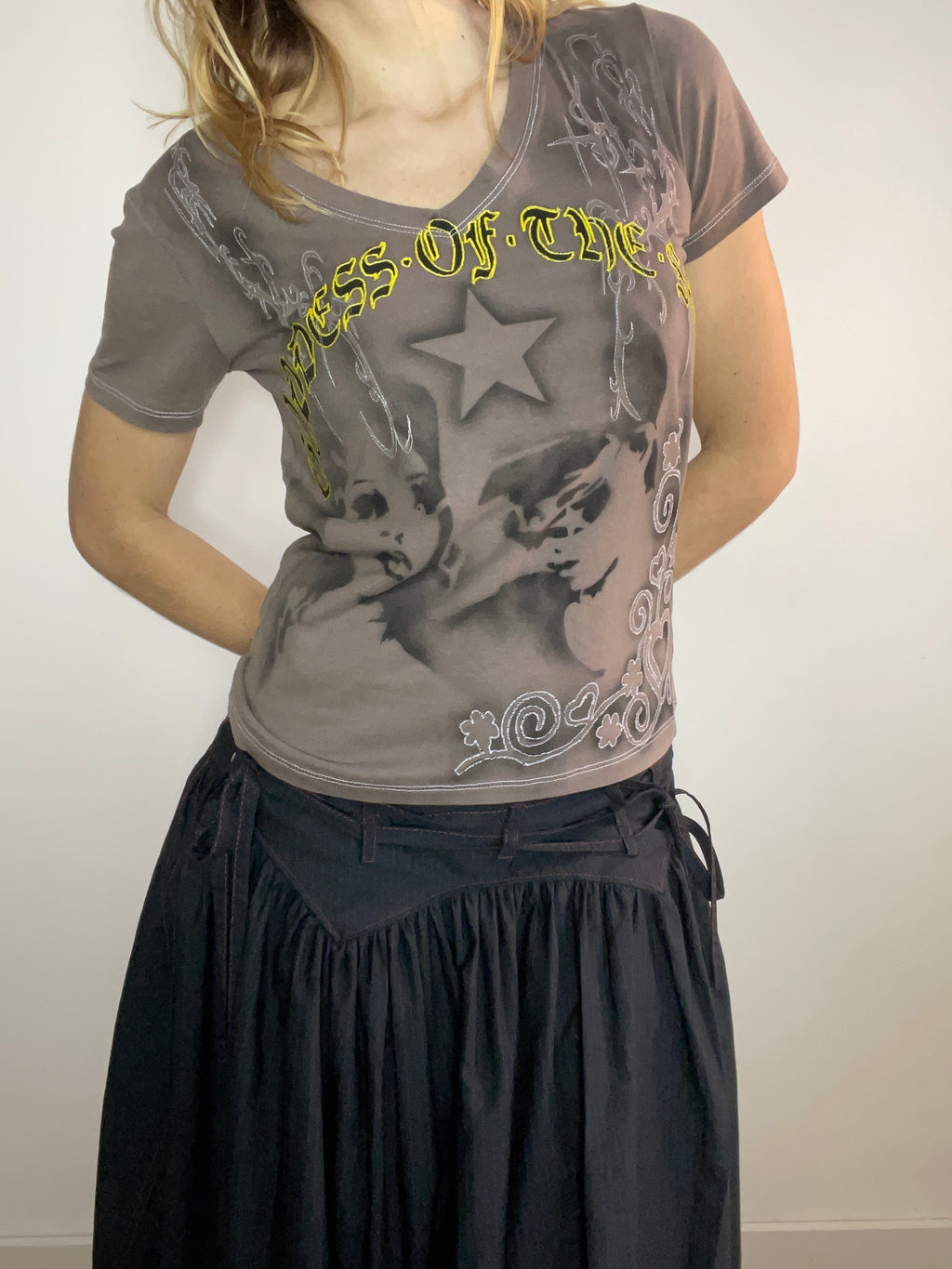 handmade airbrush stencil print embroidered tee