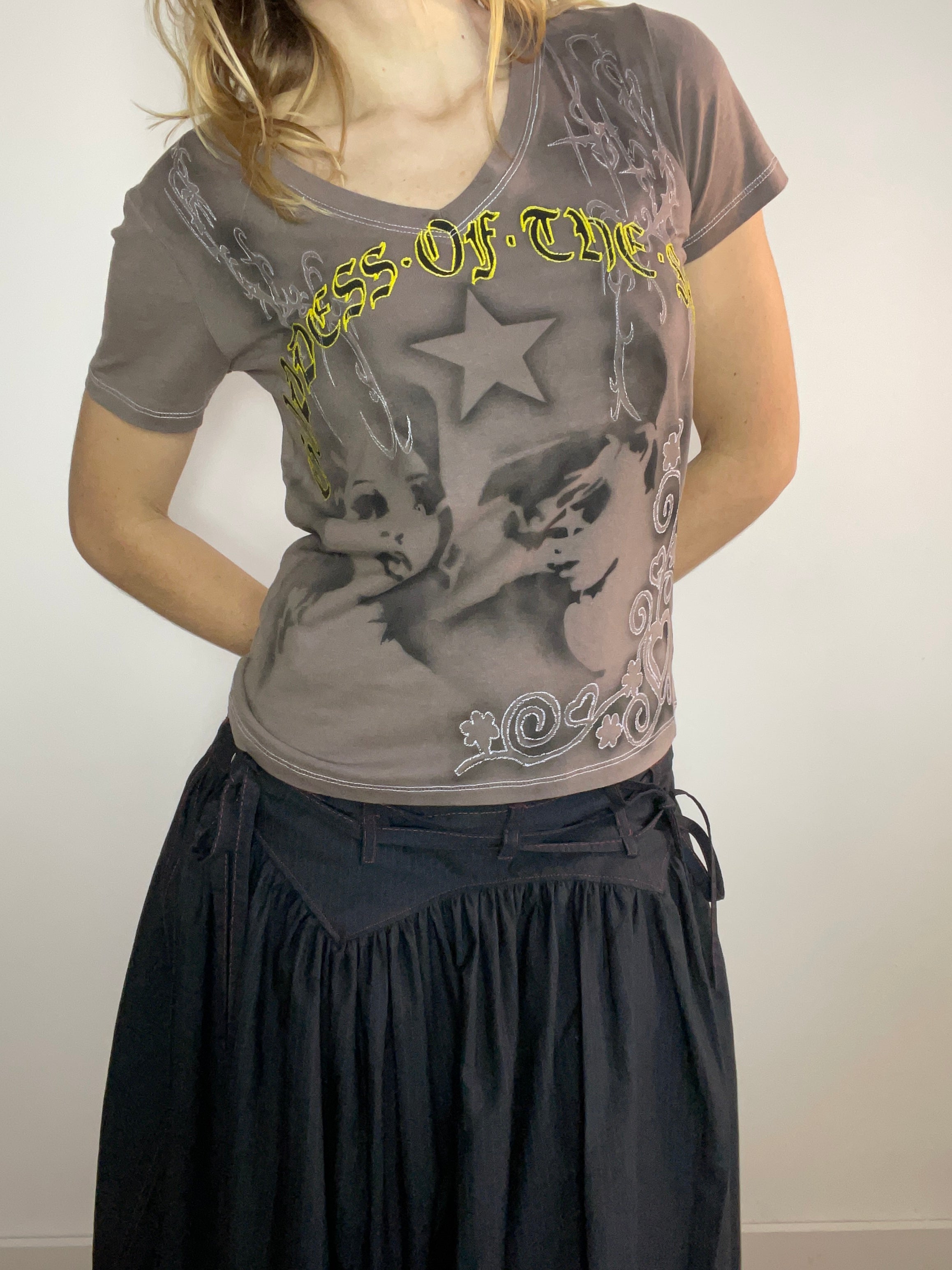 handmade airbrush stencil print embroidered tee