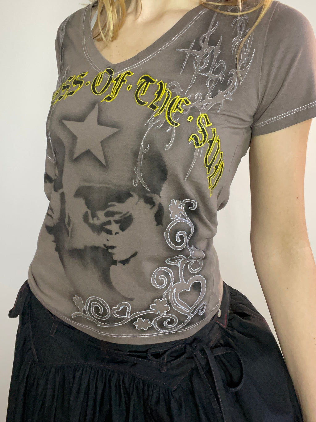 handmade airbrush stencil print embroidered tee