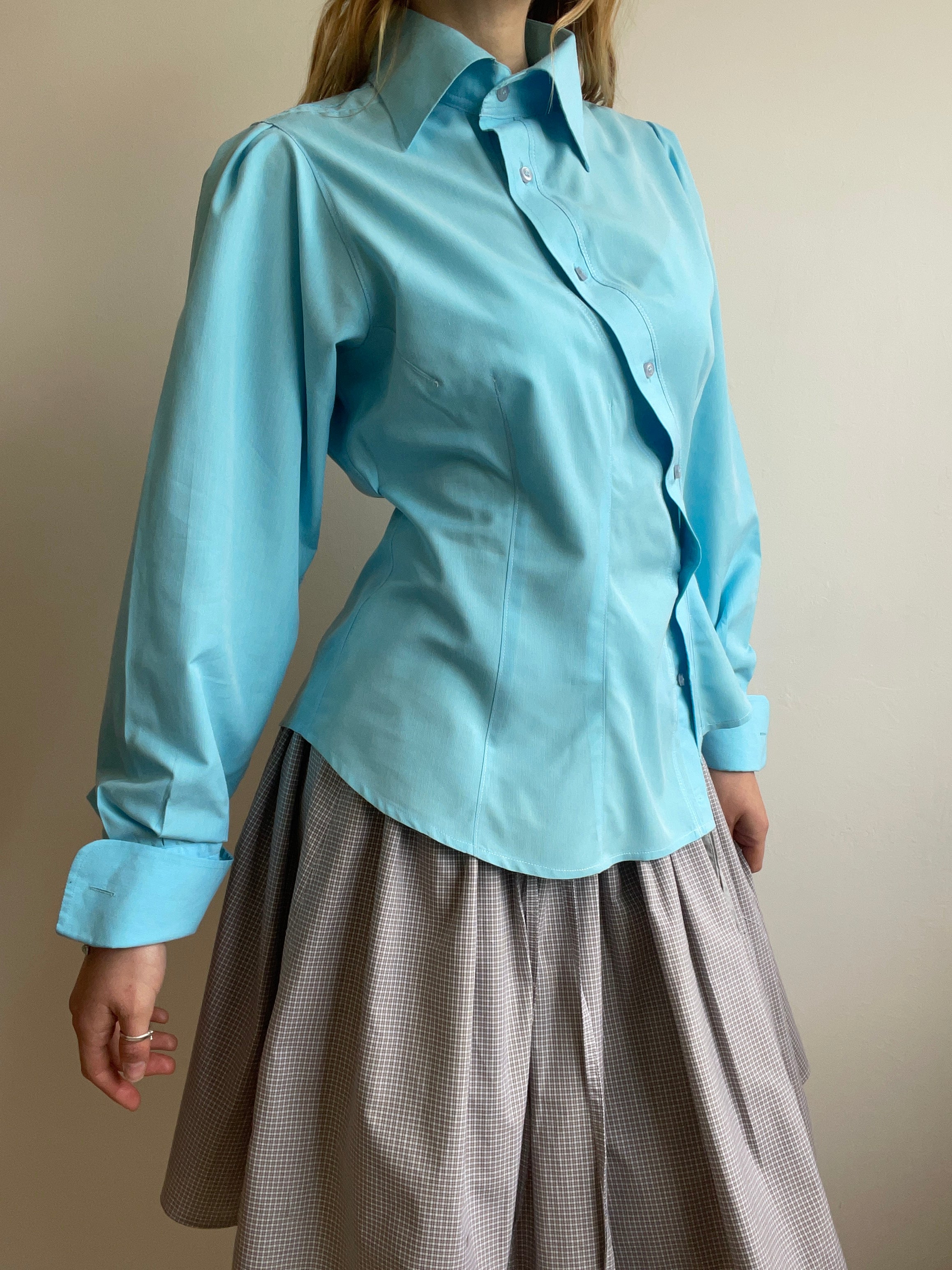 aqua blue asymmetrical longsleeve shirt