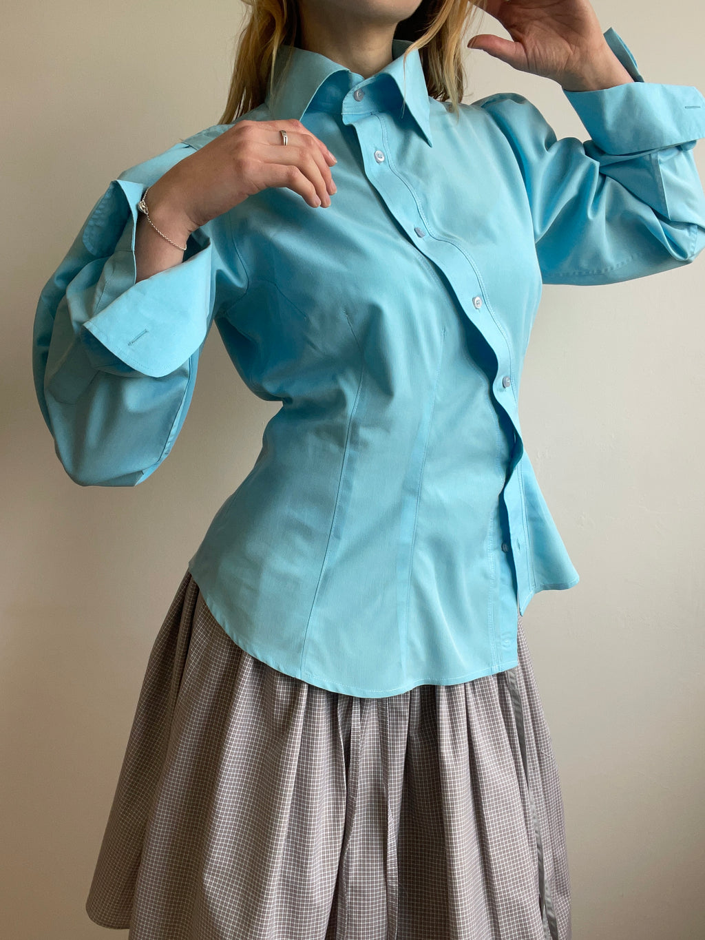 aqua blue asymmetrical longsleeve shirt