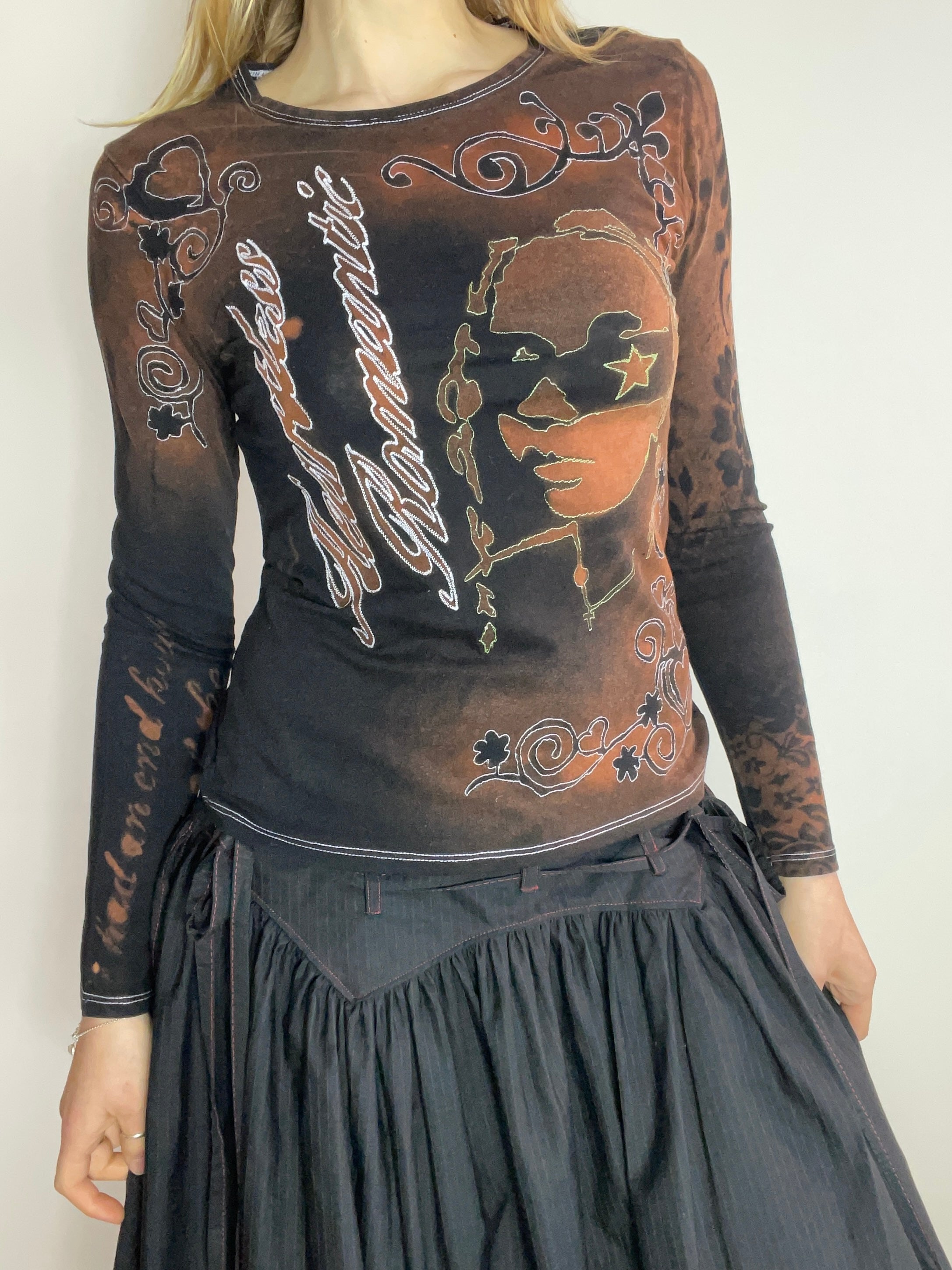 handmade stencil print girls face long sleeve