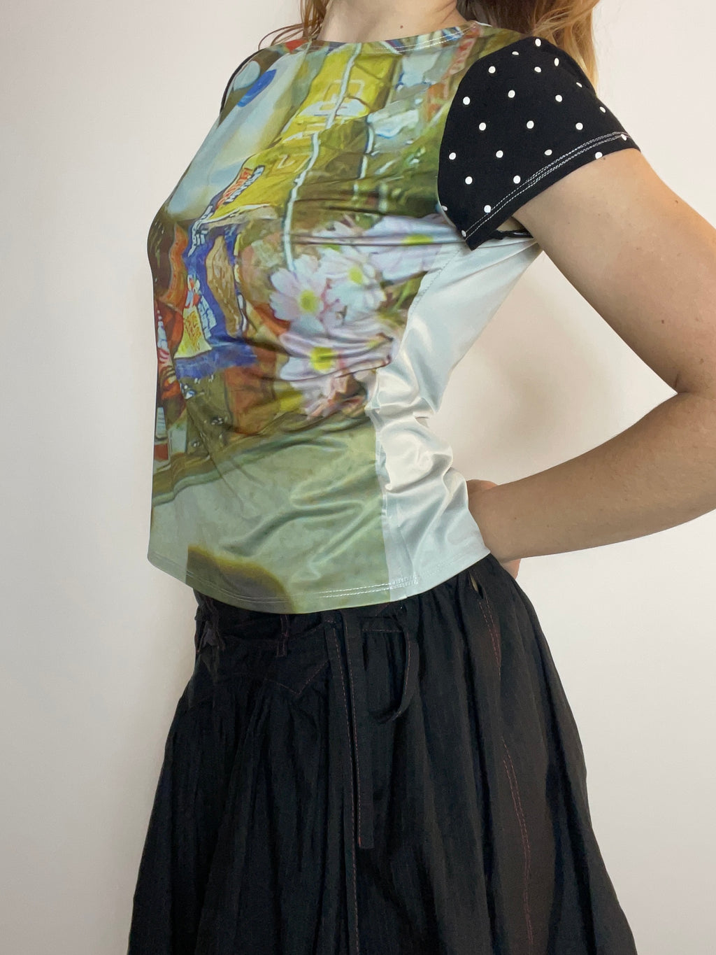 handmade printed 90s photograph baby tee